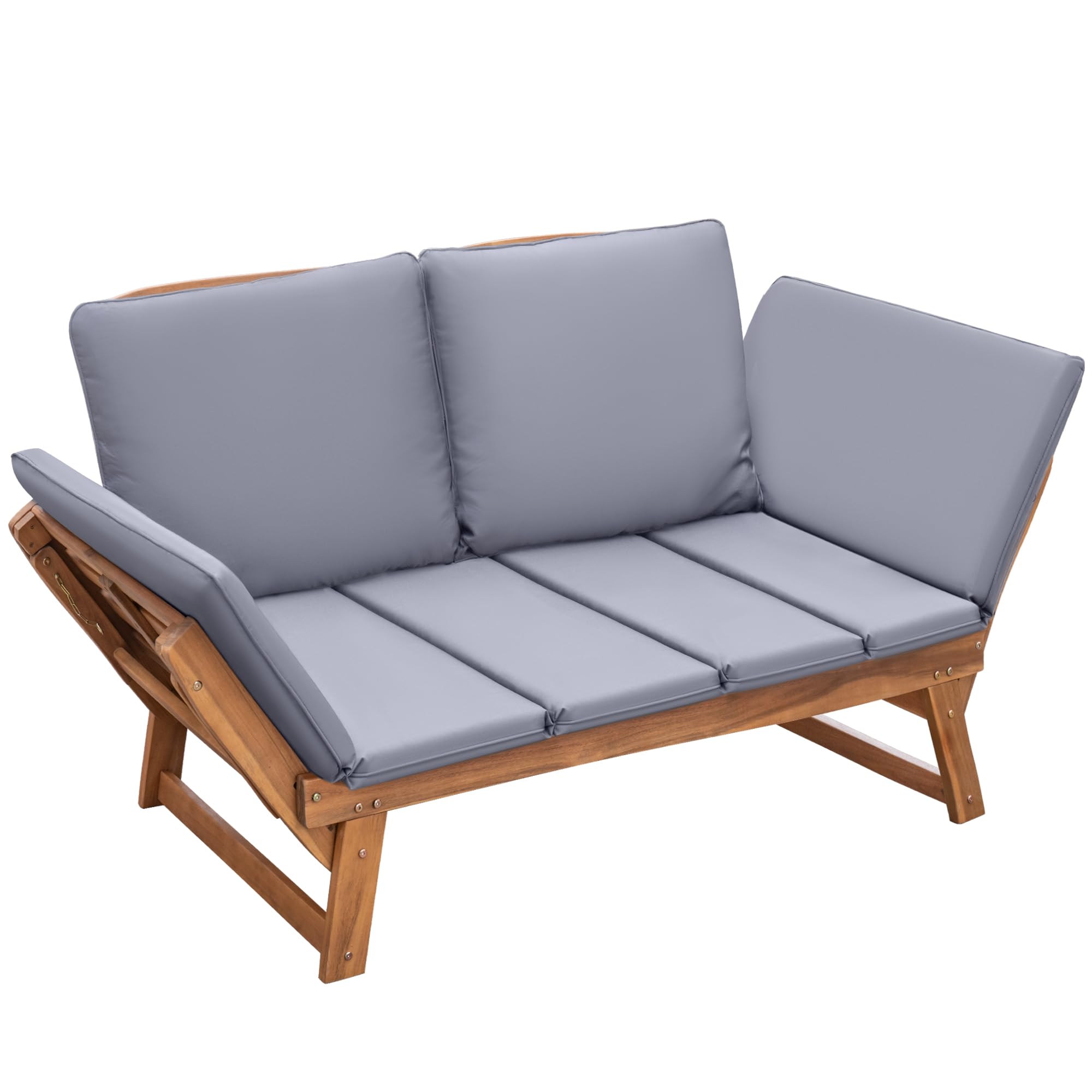 Devoko Outdoor Couch - Acacia Wood Patio Sofa with Adjustable Armrests & Removable Cushions - Convertible Lounge Furniture for Patio, Porch, Poolside, Garden (Grey) - Perfect for Relaxing, Sunbathing and Outdoor Entertaining