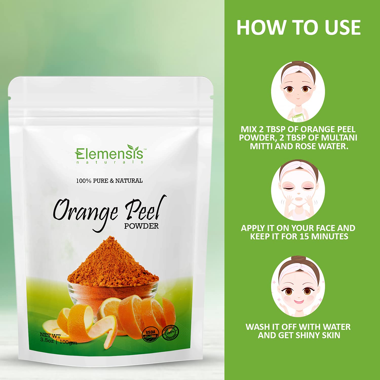 Elemensis Naturals Pure Orange Peel Powder for Skin Brightening - 100g Face Mask for Glowing Skin, Acne Treatment & Pimple Control - Natural Skin Whitening Solution for Daily Skincare Routine