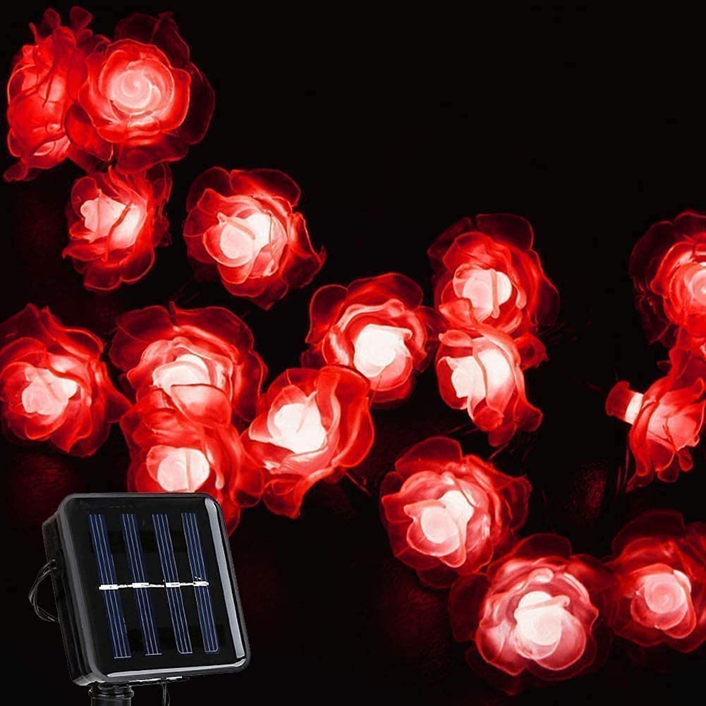Solar Powered Rose Flower String Lights - 20 LED Waterproof Outdoor Fairy Lights with 2 Modes for Garden, Pathway, Wedding & Party Decorations (Rose-Red) | Perfect for Christmas, Patio, Backyard & Holiday Lighting