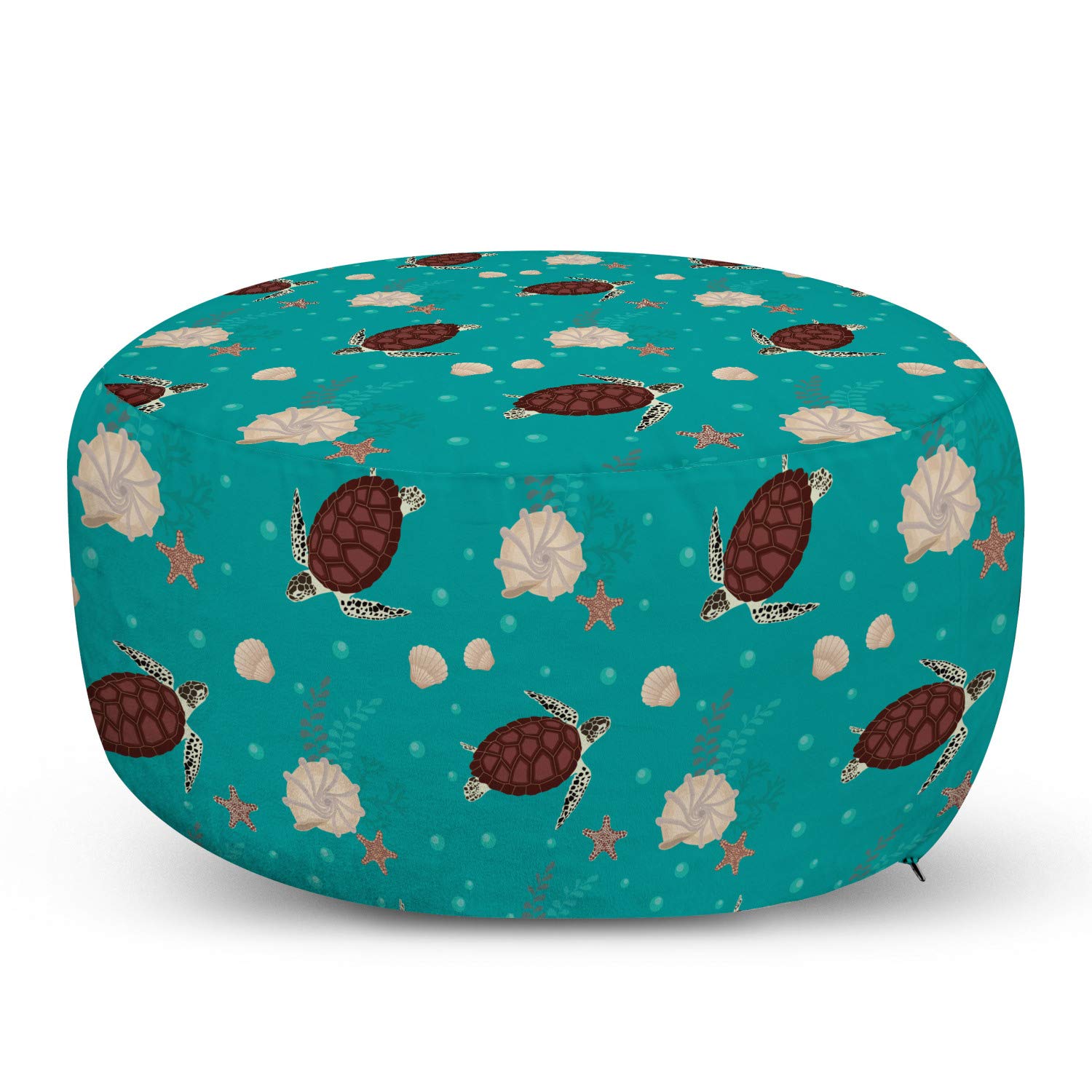 Ambesonne Marine Ottoman Pouf - Decorative Foot Rest with Removable Cover, Continuous Bubbles Turtles Starfish Shells Design in Dark Seafoam Chocolate - Perfect for Living Room, Bedroom, and Home Decor