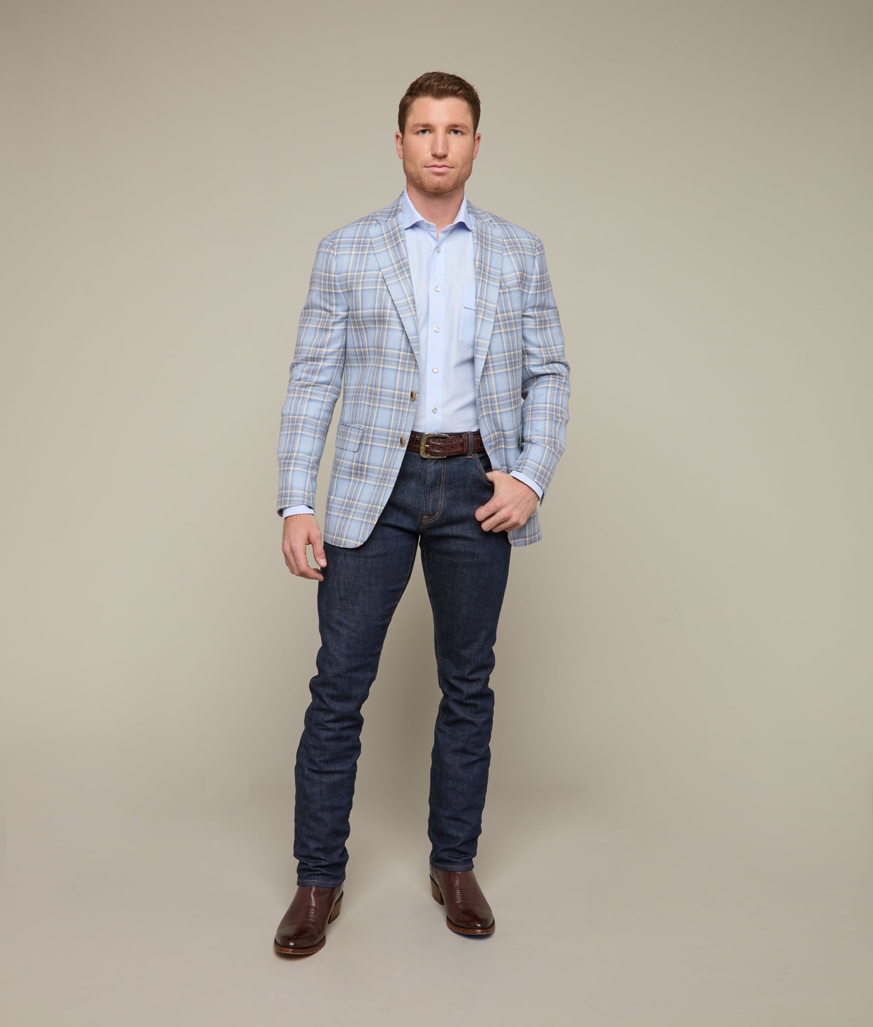 Lucchese Men's Light Blue and Tan Plaid Sport Coat - Stylish Casual Blazer for Outdoor Events and Business Casual Wear