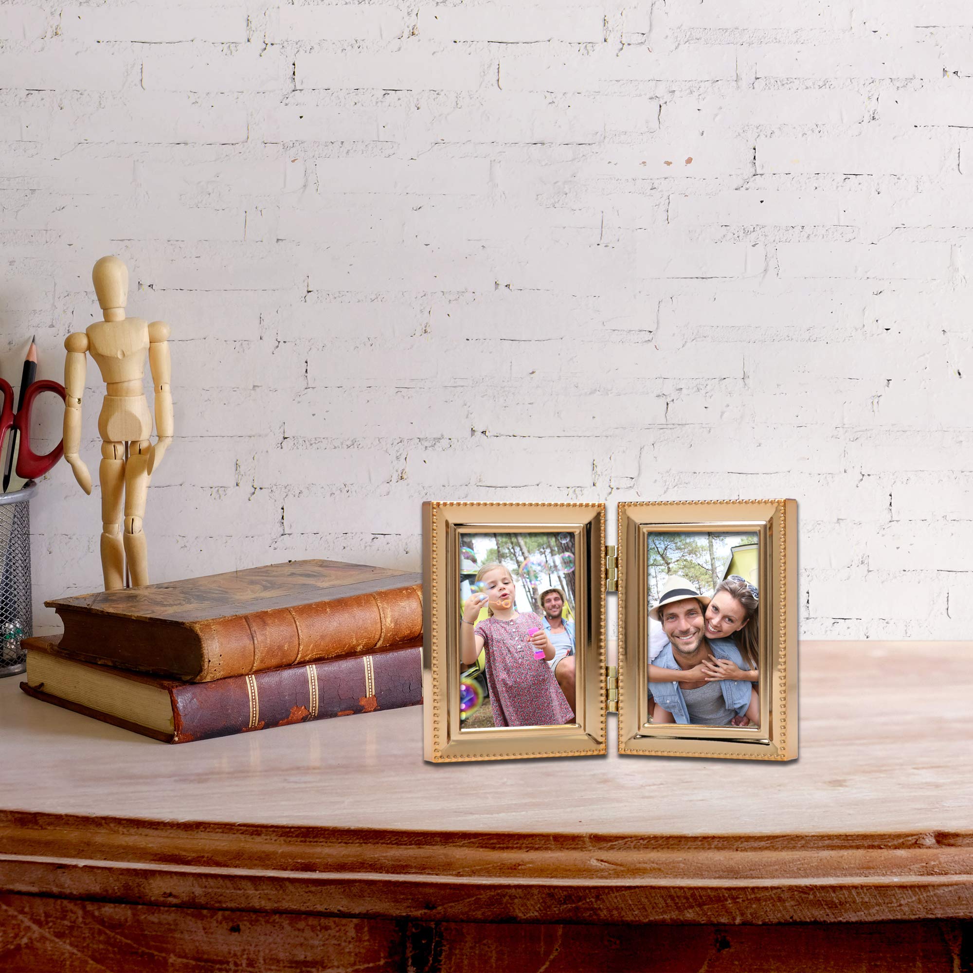 Lawrence Frames Bead Border Design 2.5x3.5 Double Picture Frame in Gold - Perfect for Displaying Photos, Artwork, and Memorabilia in Living Rooms, Bedrooms, or Offices