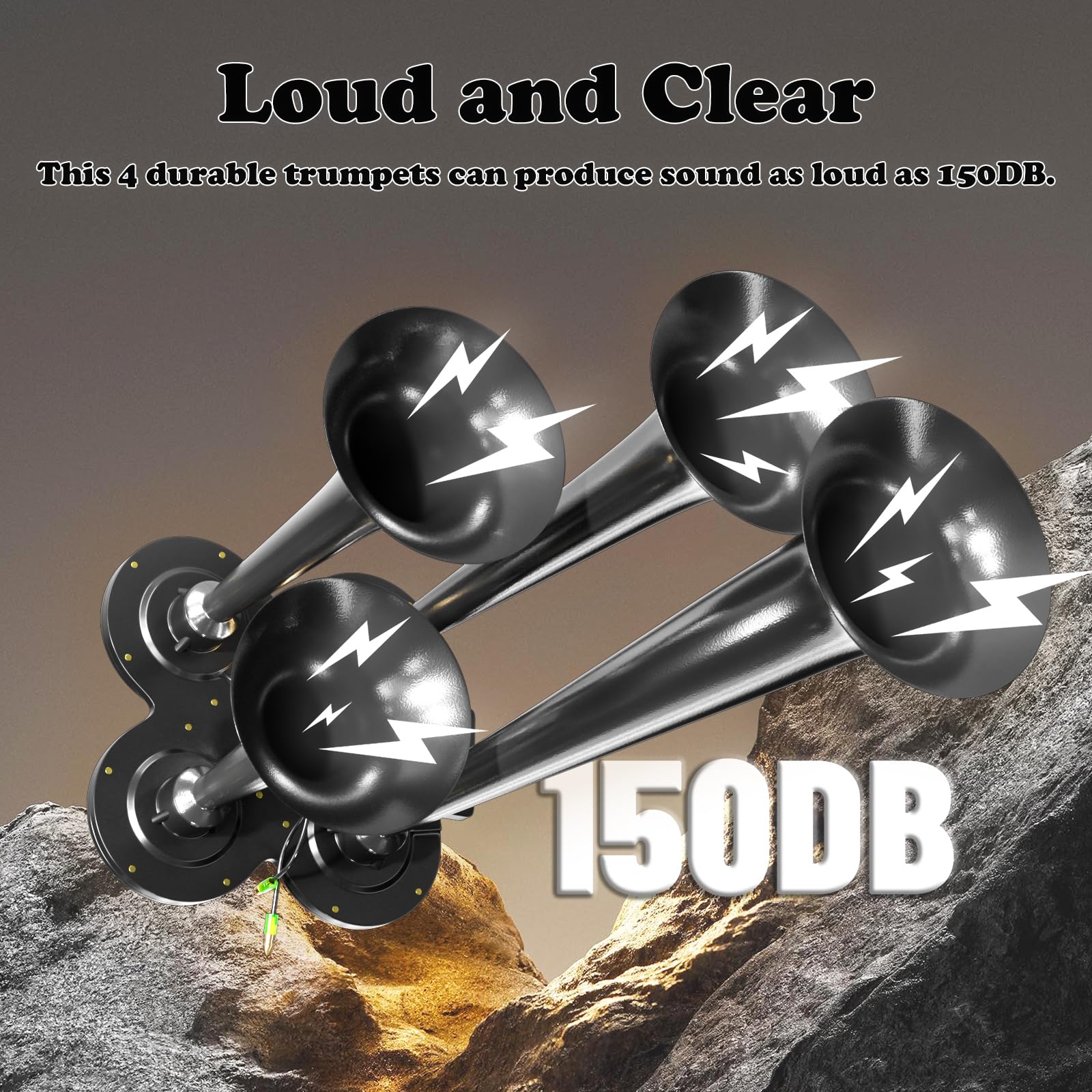 150DB Ultra Loud Train Air Horn Kit for Trucks - 4 Horns, 12V 150 PSI Air Compressor with Built-in 90-120 PSI Pressure Switch & Temperature Controller - 1.59 Gallon Black Tank - Perfect for Emergency Vehicles, Off-Roading & Marine Use