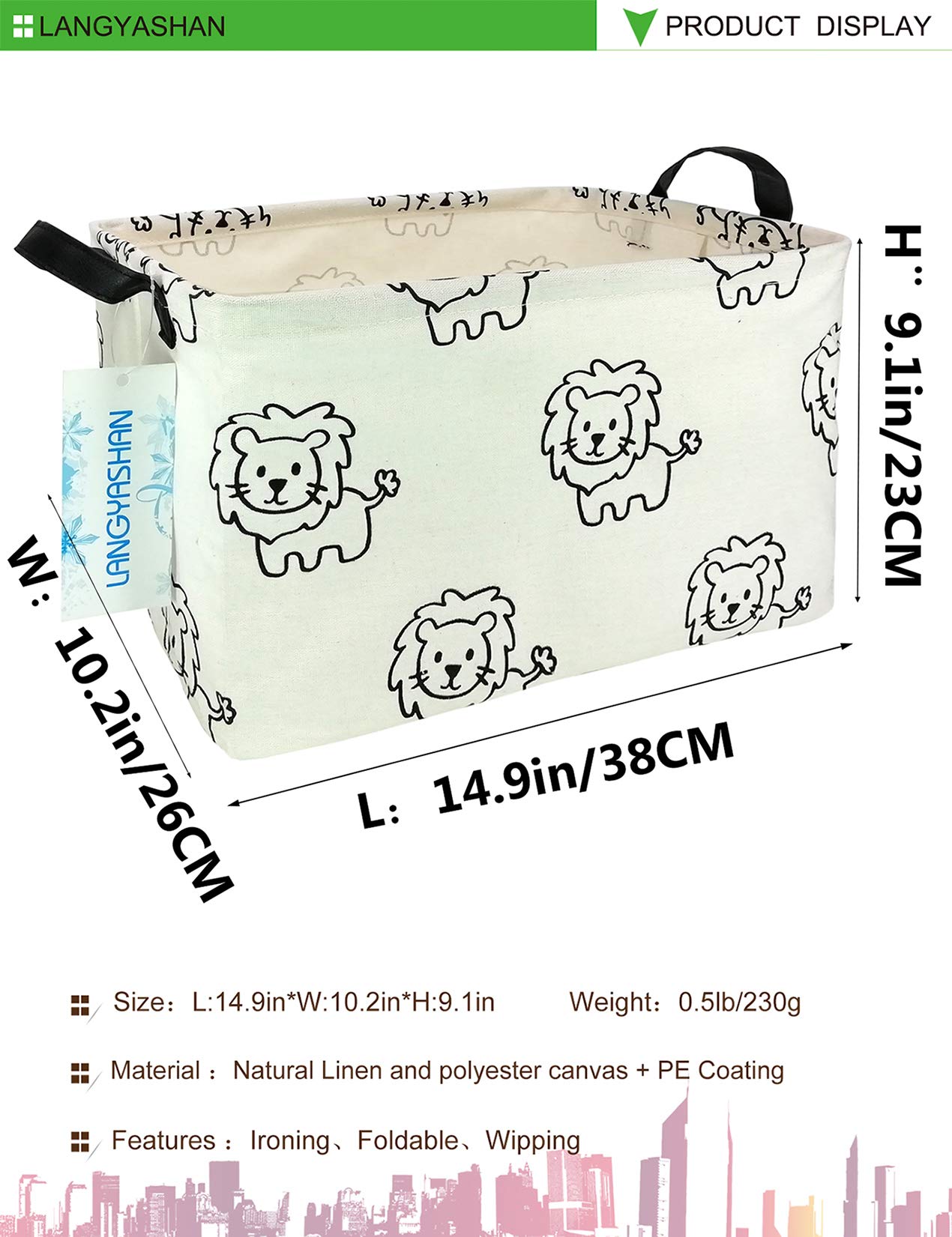 Collapsible Rectangular Storage Bin with Handles - Foldable Canvas Fabric Organizer Basket for Home, Kitchen, Toys & Office (Lion Pattern) - Perfect for Kids' Room, Closet Shelves & Toy Organization