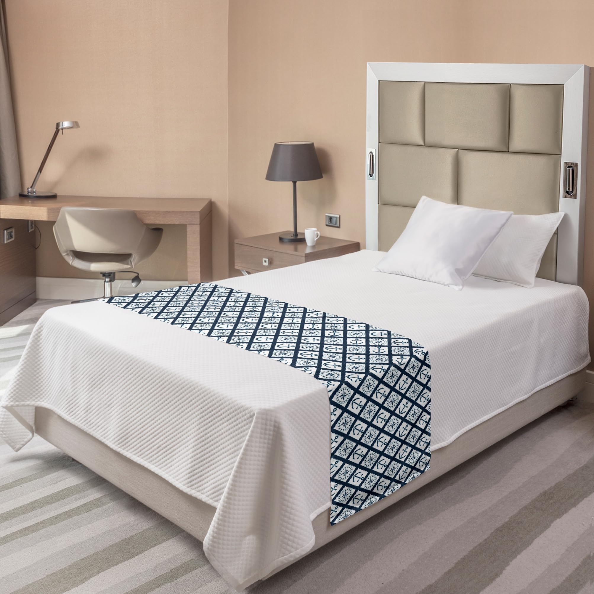 Ambesonne Navy Blue Nautical Bed Runner with Anchor and Windrose Stripes - Coastal Decor Bed Scarf for Twin Beds - Perfect for Beach House, Guest Room or Hotel Decor - Indigo and White Striped Design