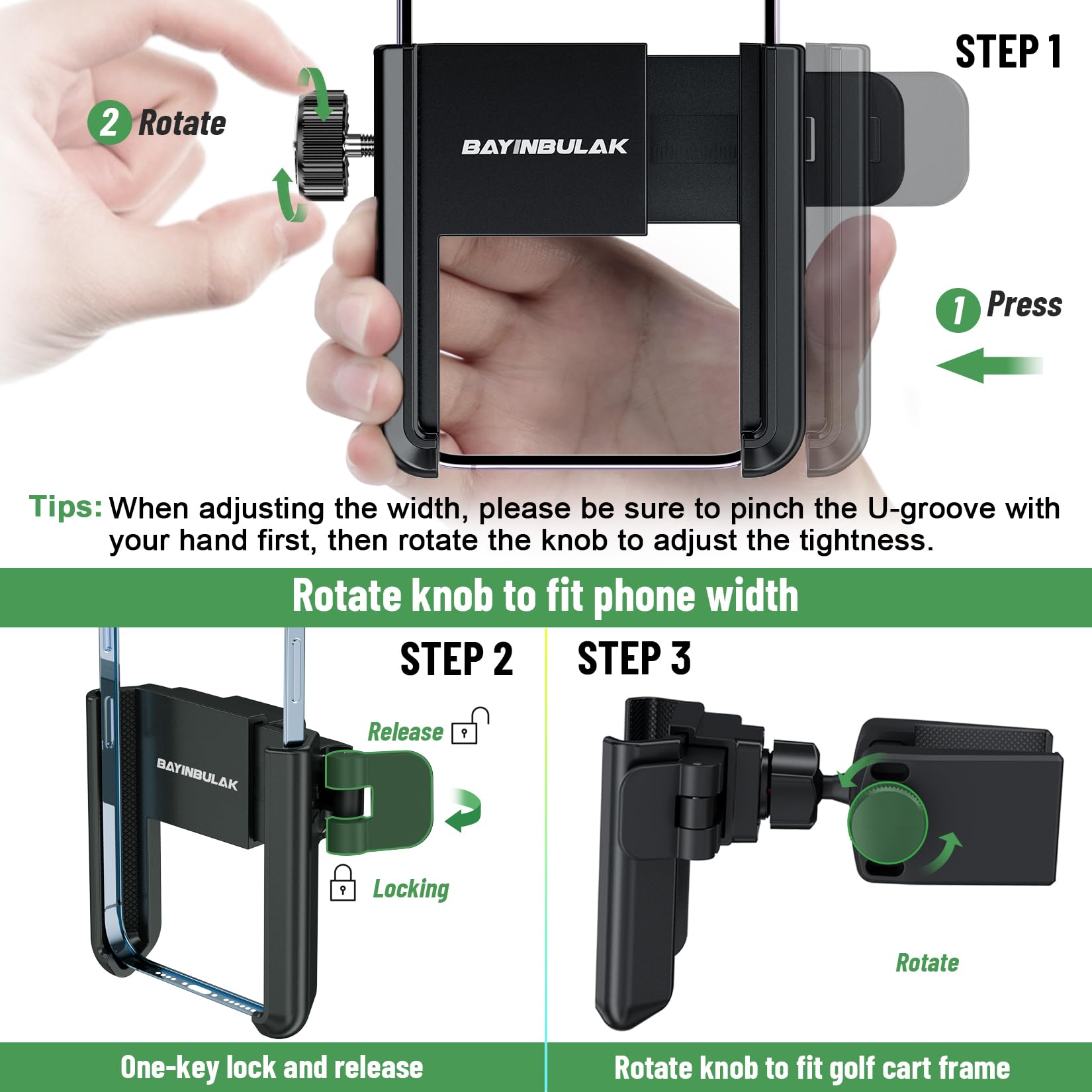 BAYINBULAK Golf Cart Phone Holder - Universal Smartphone Mount for Golf Carts - Secure & Adjustable Phone Accessory for Golfing, Driving & Outdoor Activities