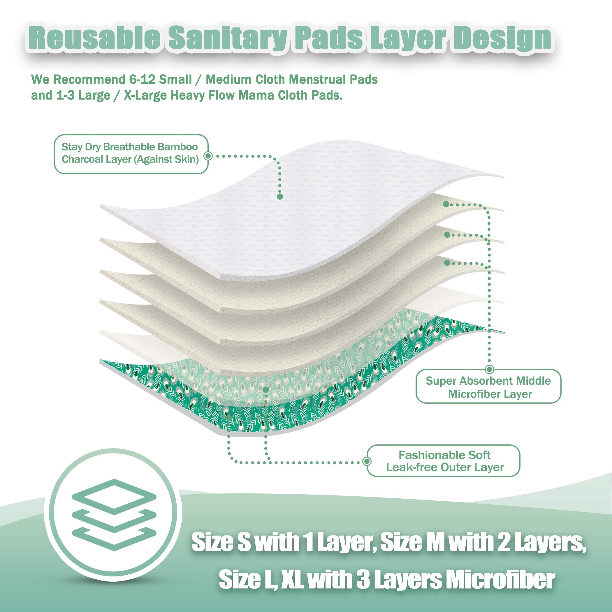 Wegreeco Reusable Menstrual Pads - 6 Pack Organic Cotton Cloth Sanitary Pads with 1 Mini Wet Bag | Soft Washable Panty Liners for Women | Eco-Friendly Period Pads (Medium, Peacock) | Perfect for Travel, Work & Active Lifestyle