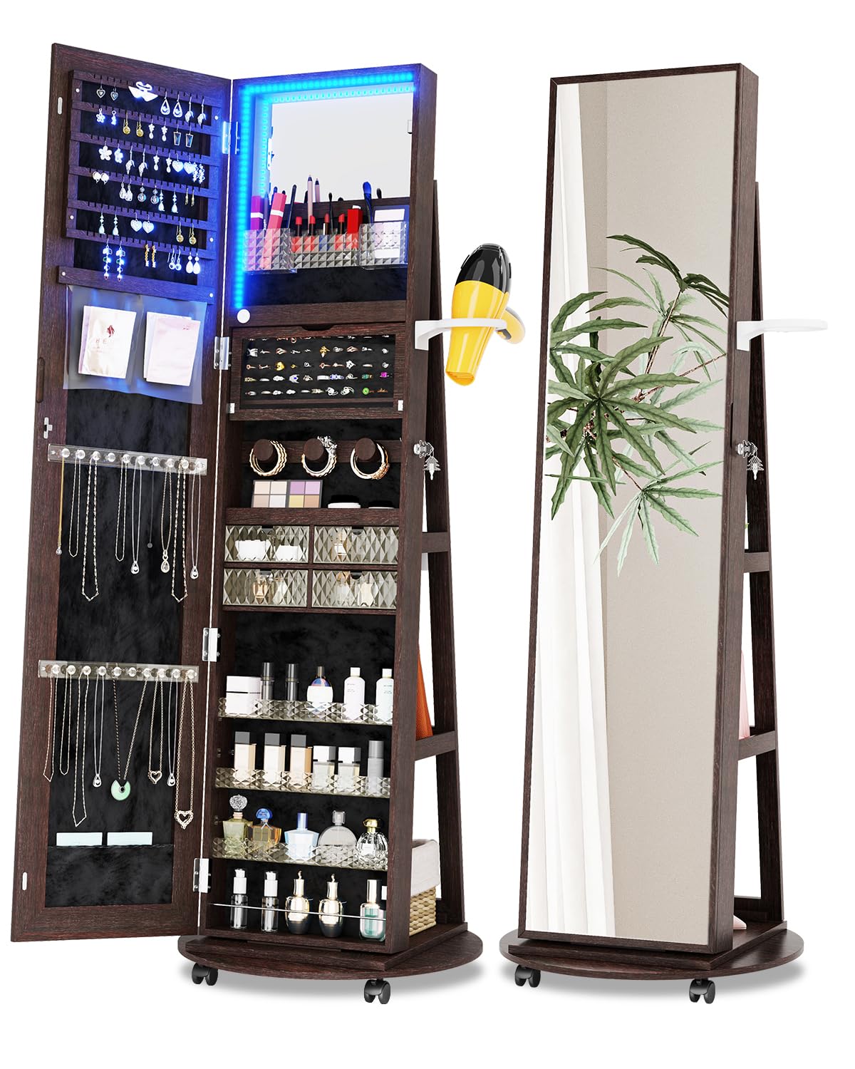 360° Rotating Jewelry Armoire Organizer with LED Lights - Lockable Standing Jewelry Cabinet for Necklaces, Rings & Earrings - Perfect Christmas Gift for Women, Brides & Home Decor (Brown) - Bedroom, Closet & Dressing Room Storage Solution