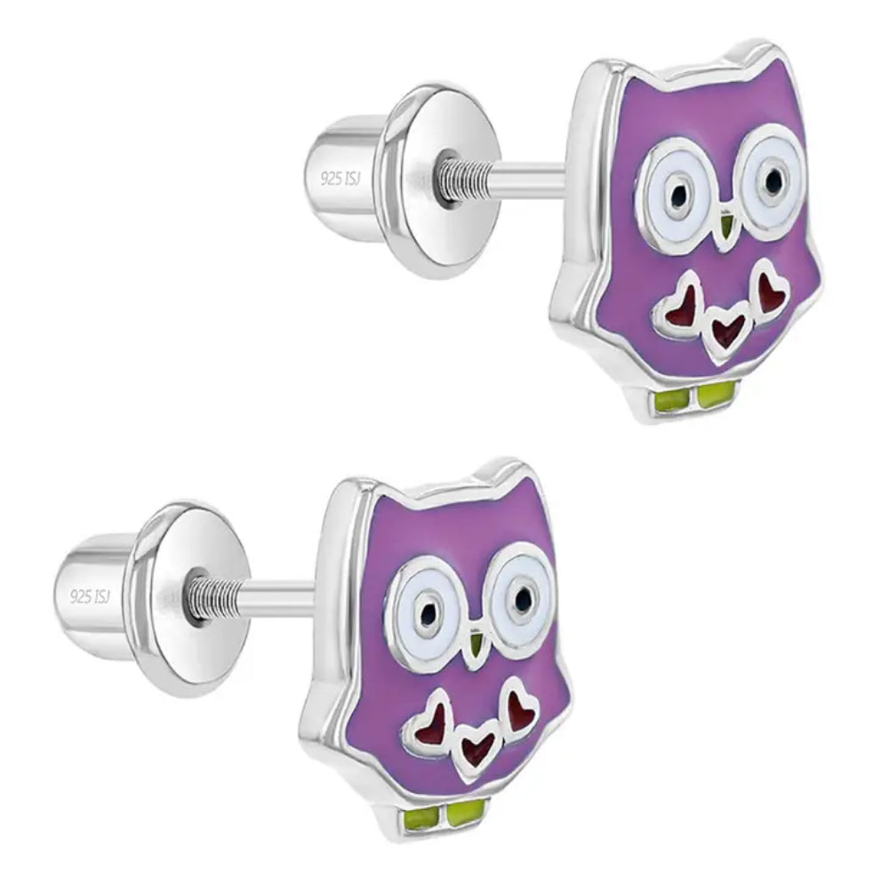 Kids' Sterling Silver Enamel Purple Owl Stud Earrings - Hypoallergenic Jewelry for Girls, Birthday Gifts & Special Occasions