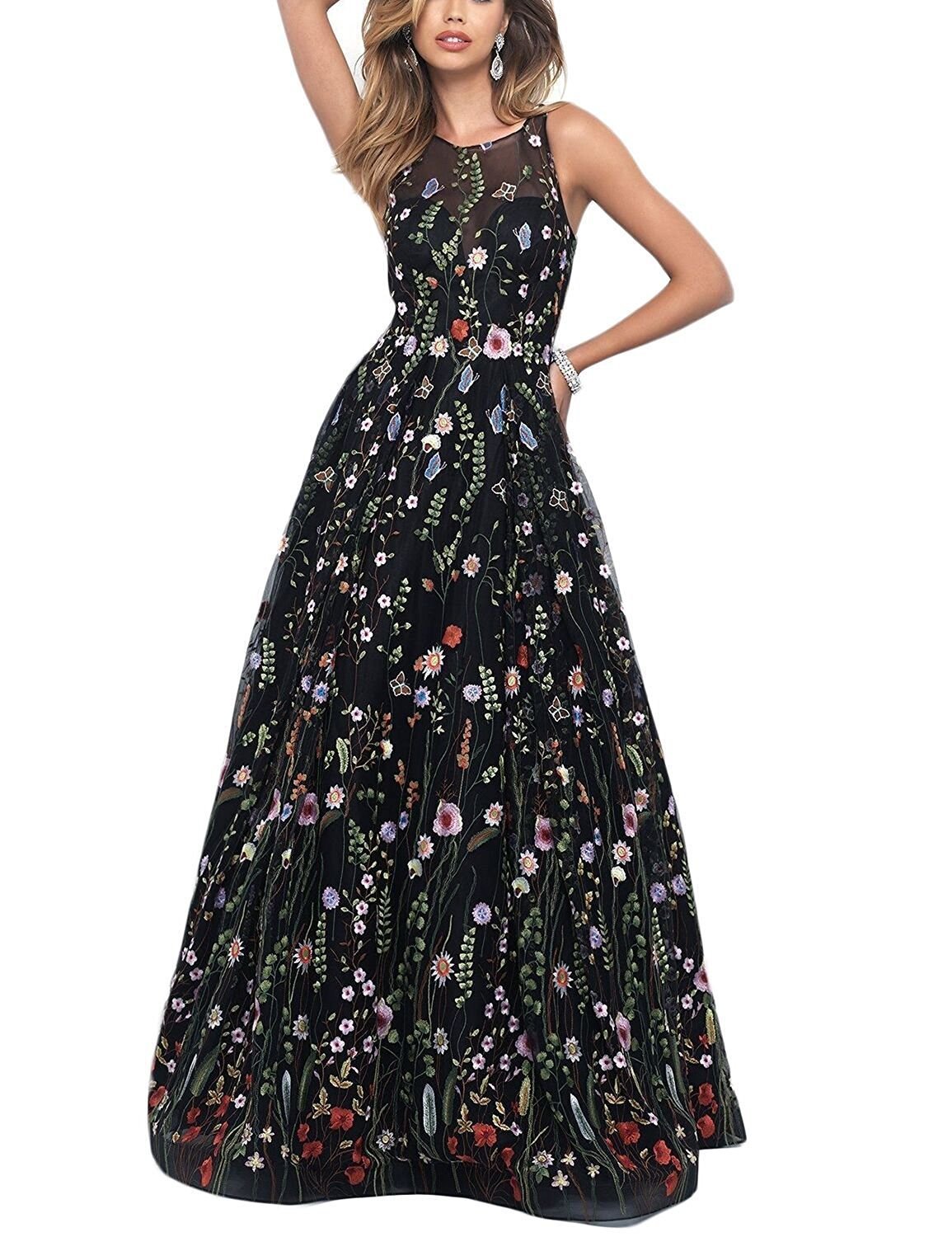 Elegant Long Floral Embroidered Prom Dress for Women - Formal Evening Gown for Weddings, Parties & Special Occasions | 2018 Collection