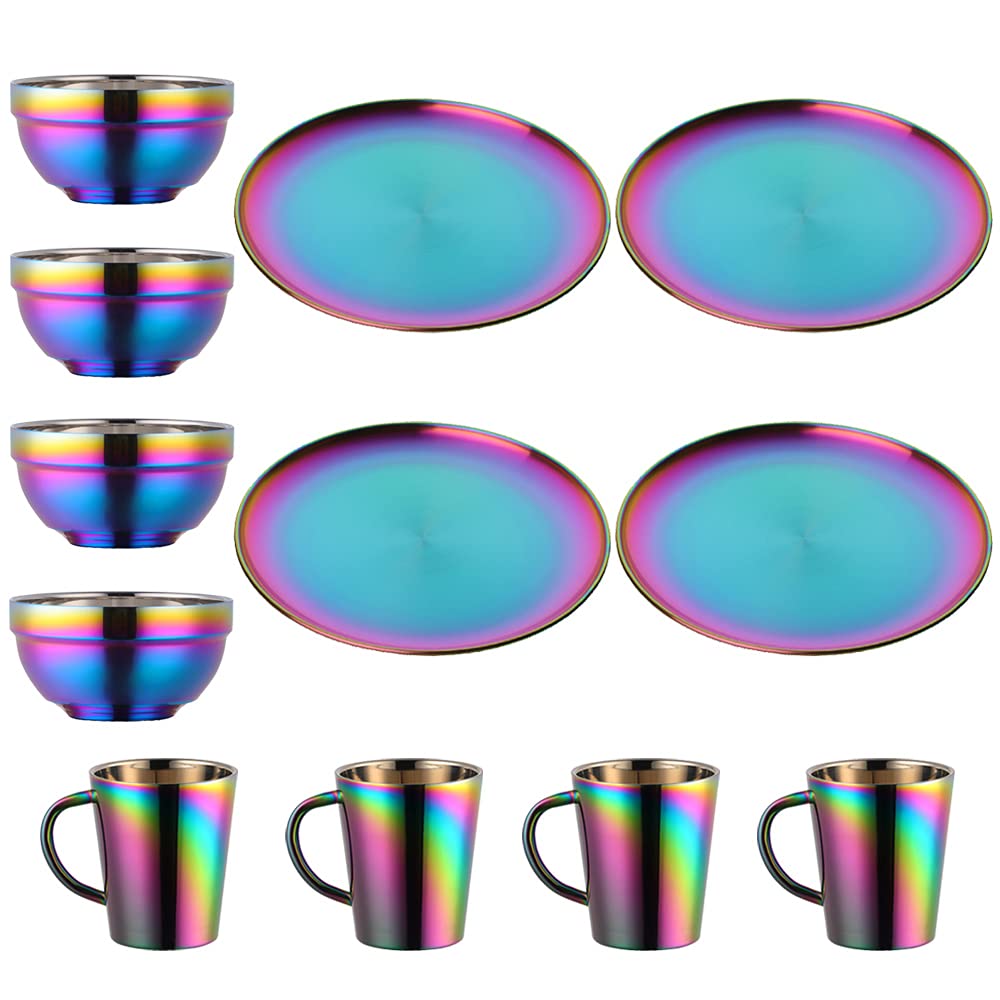 Stainless Steel Rainbow Plate and Bowl Set - 9 Inch Plates, 5.1 Inch Bowls & Cups - Durable Kitchen Dinnerware Service for 4 - Perfect for Family Meals, Parties & Everyday Use