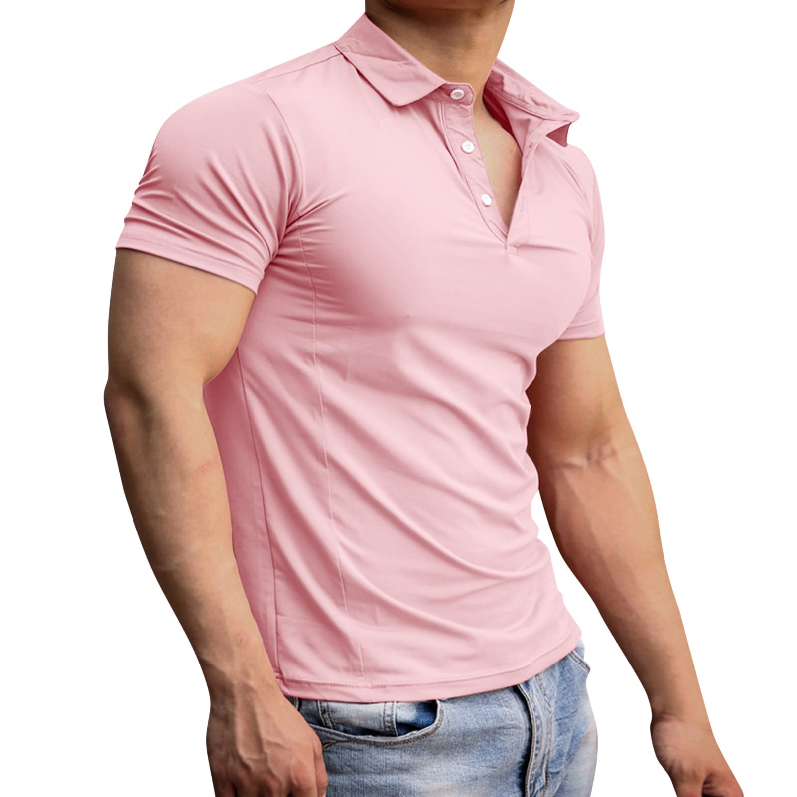 Men's Short Sleeve Polo Shirt - Breathable Button Up Casual Shirt with Striped Design, Comfortable Golf & Everyday Wear (Pink, Large) - Perfect for Office, Golfing, Dating and Summer Outings