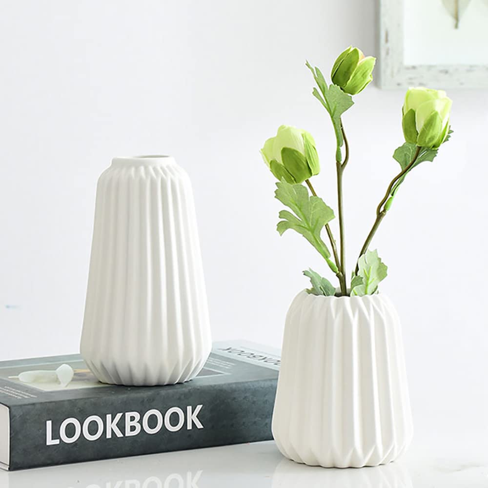 White Ceramic Vase Set - Small & Large Flower Vases with Wide Opening for Home & Office Decor | Modern Boho Cylinder Vases Perfect as Shelf Display, Table Centerpiece, Wedding & Event Decor (Set of 2)