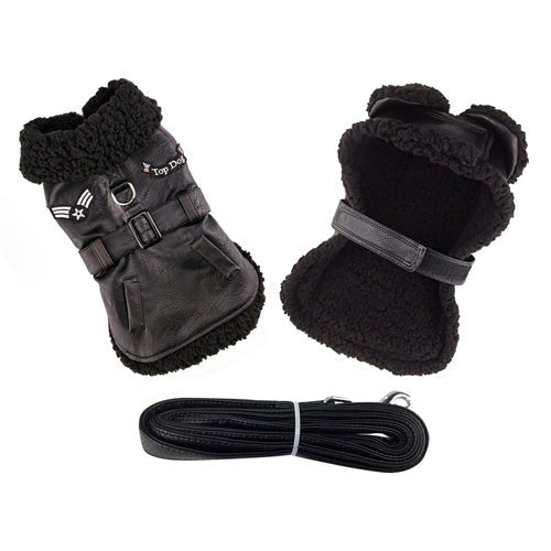 Black Top Dog Flight Coat with Leash - Warm Winter Dog Jacket for Small to Medium Dogs - Perfect for Outdoor Adventures, Travel & Cold Weather Protection