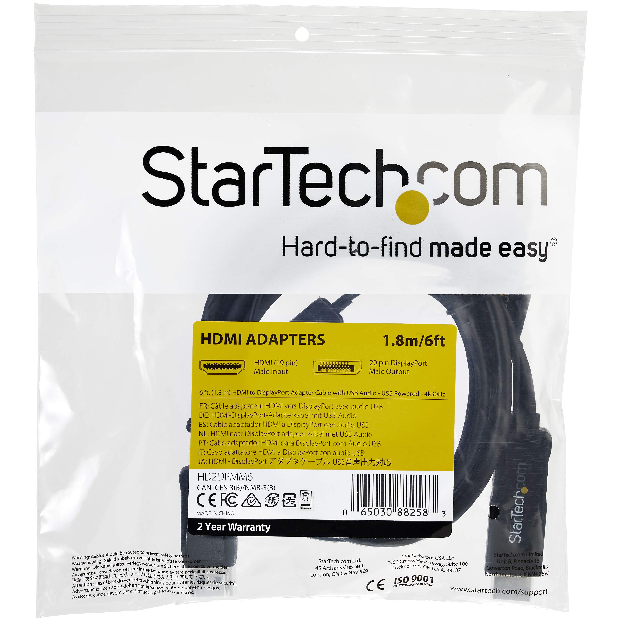 StarTech.com 6ft (2m) Active HDMI to DisplayPort Cable 4K 30Hz - HDMI 1.4 to DP 1.2 Adapter Converter with Audio Support - USB Powered for Mac & Windows - Connect HDMI Laptop to DP Monitor (HD2DPMM6) - Perfect for Home Office, Gaming & Multimedia Presentations