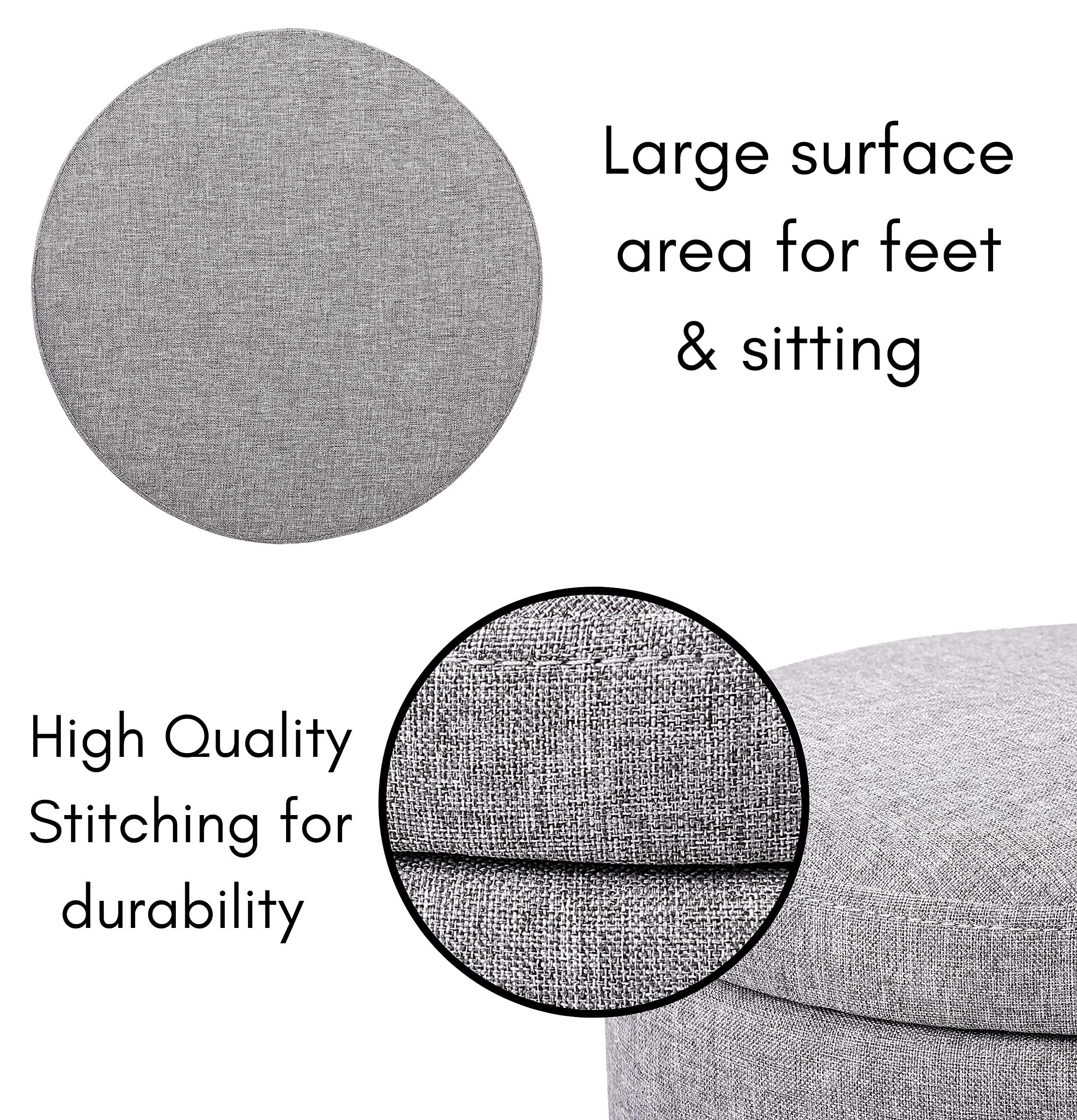 BIRDROCK HOME Grey Linen Storage Stool Ottoman with Black Metal Legs - Compact Padded Seat Footrest for Living Room, Office, Bedroom - Multi-Purpose Storage Bench for Home Decor, Vanity, Dorm & Small Spaces