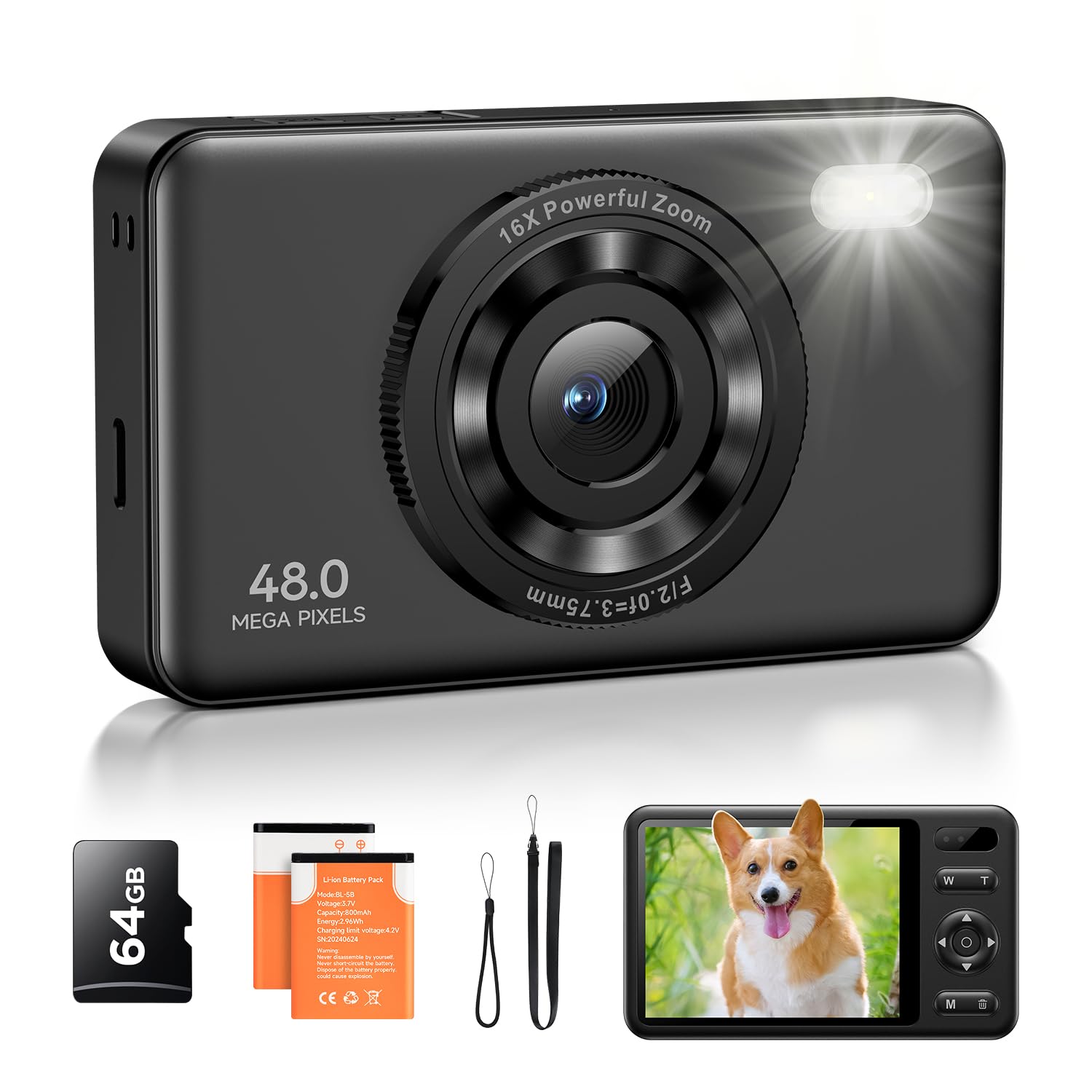48MP 2.7K Digital Camera with 64GB Card, 16X Zoom & Anti-Shake - Compact Point and Shoot Camera for Kids, Teens & Students - Perfect for Travel, Birthday Gifts & School Projects