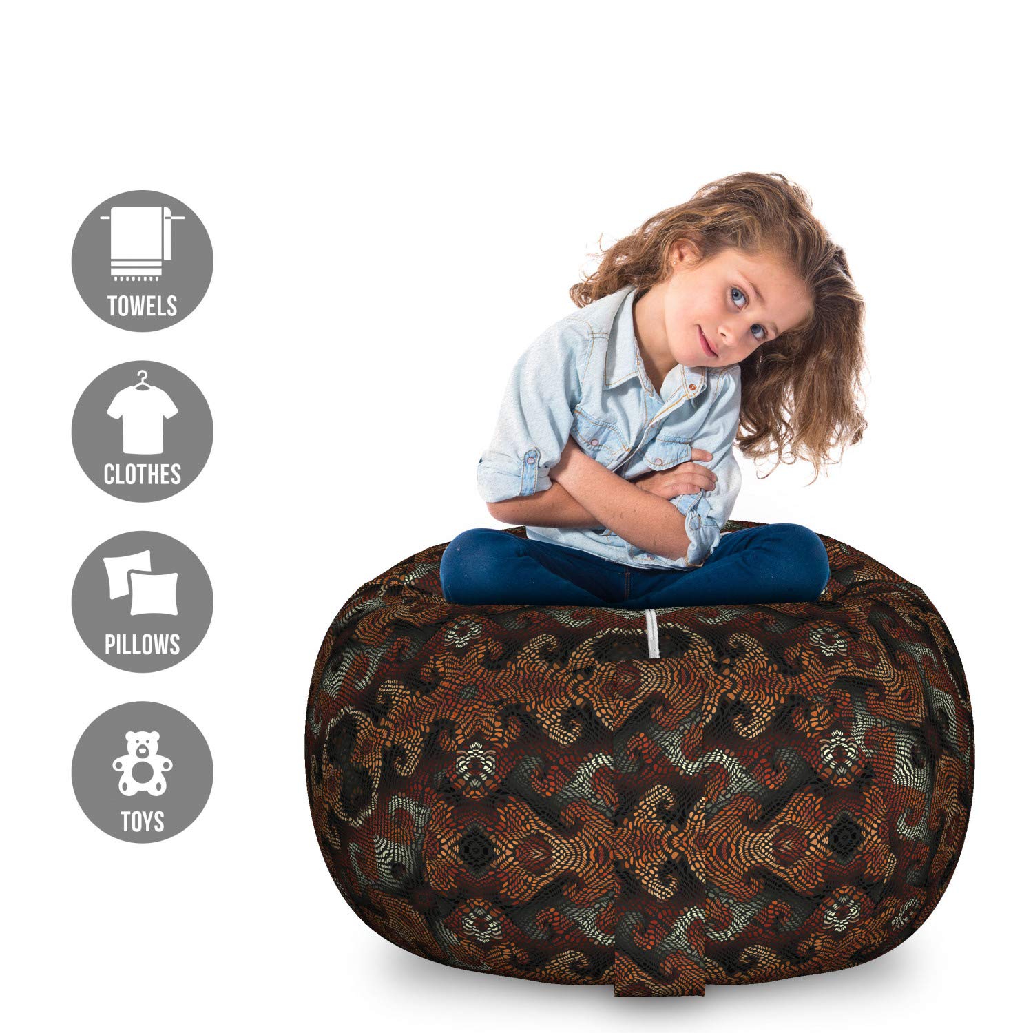 Ambesonne Abstract Storage Toy Bag Chair - Dark Tones with Curving Strikes, Dashes & Blots - Washable Stuffed Animal Organizer - Large Size Grey Redbrown - Perfect for Kids' Room, Playroom & Nursery Organization