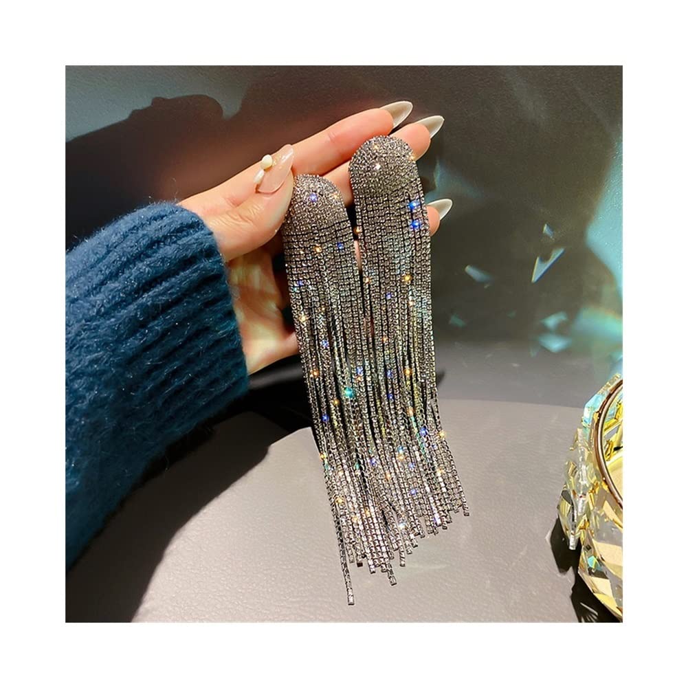 Sparkling Rhinestone Hoop Drop Earrings for Women - Crystal Dangle Earrings Fashion Jewelry with Long Tassels (Gold/Silver/Rose Gold) - Perfect for Parties, Weddings & Evening Events