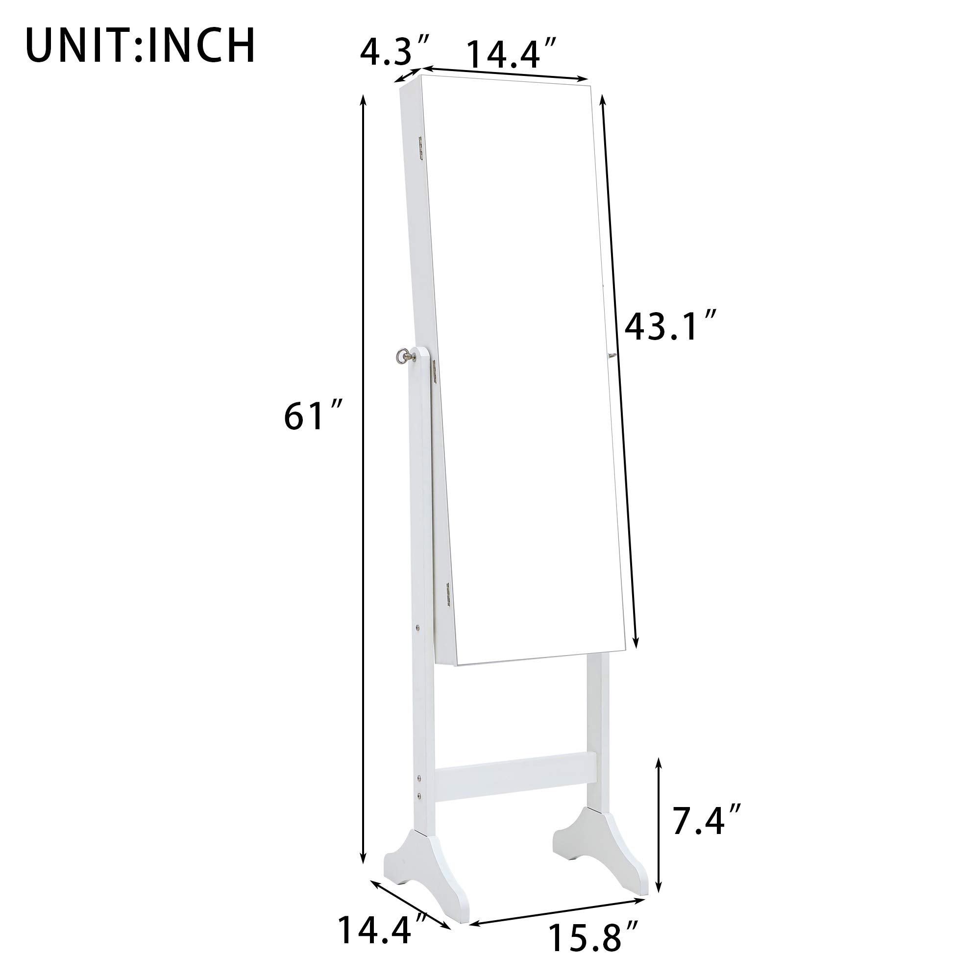 6 LED Lockable Standing Mirror Jewelry Cabinet with Large Storage - Full Screen & Interior Mirror, 2 Drawers, 3 Adjustable Angles - Perfect for Bedroom, Dressing Room & Jewelry Organization (White)