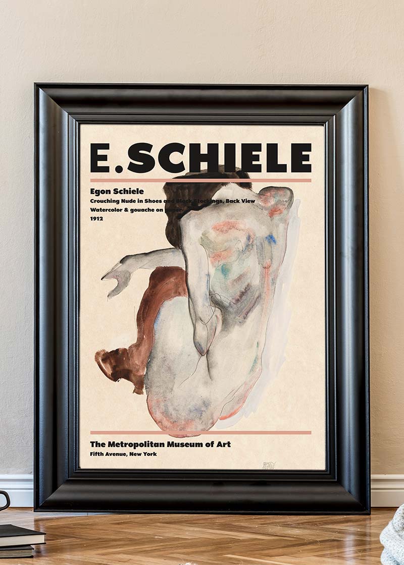Egon Schiele Crouching Nude Art Print Poster - Famous Expressionist Wall Decor for Home, Office & Art Studio