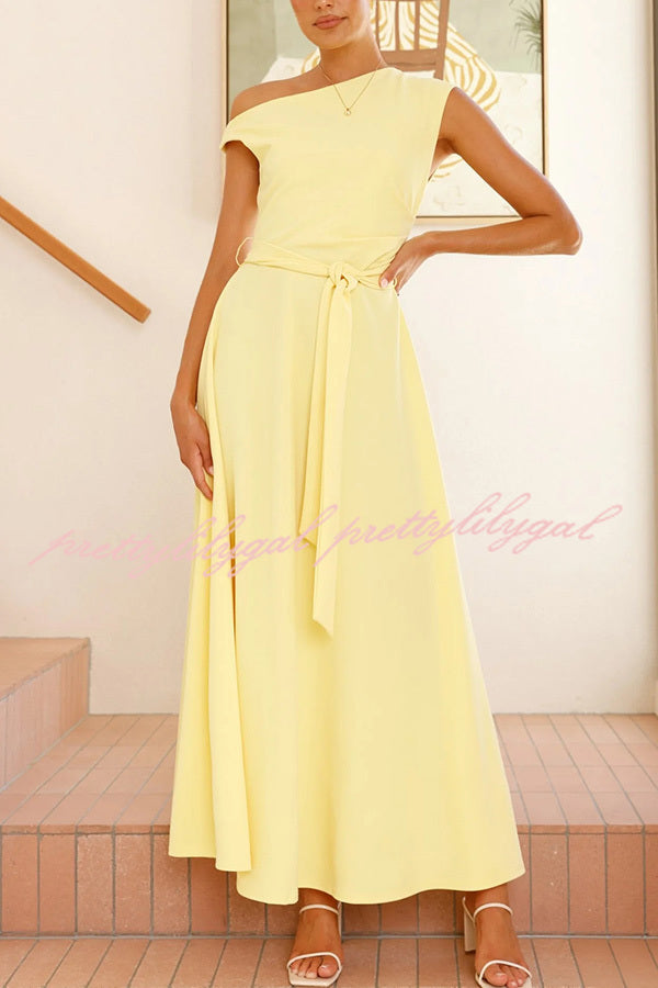 Elegant Solid Color Sloped Collar Slim Fit Waist Lace Up Maxi Dress for Women | Formal & Casual Occasions | Perfect for Weddings, Parties & Date Nights