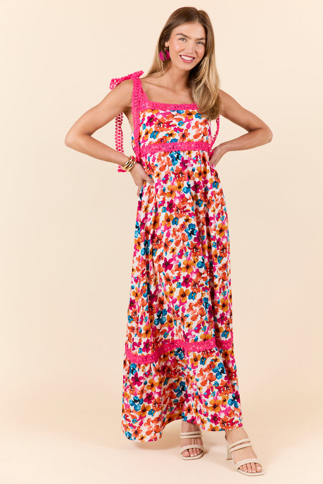 Pink Trim Floral Maxi Dress for Women - Elegant Summer Beach Wedding Party Dress - Perfect for Vacation, Date Night & Special Occasions