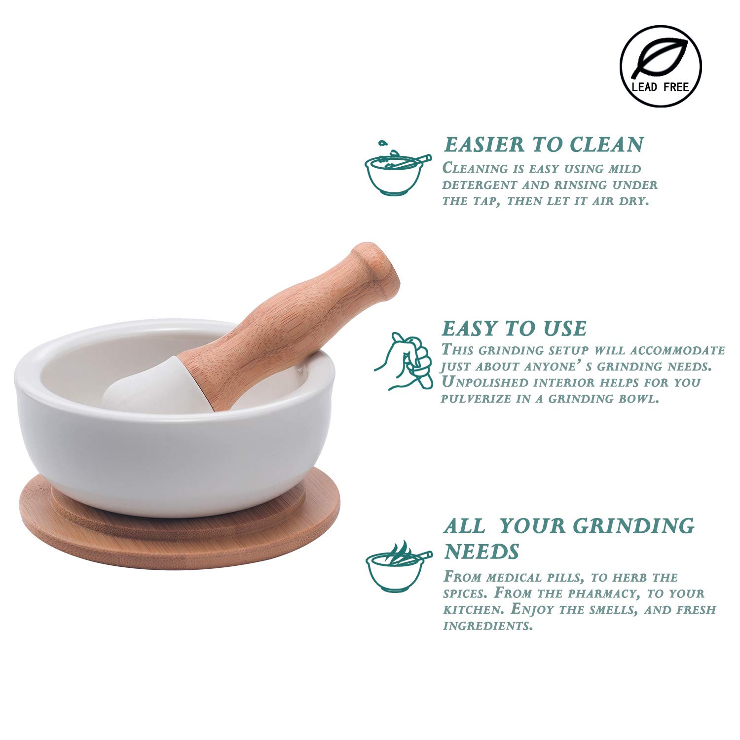 Premium Porcelain Mortar and Pestle Set – Spice Grinder, Herb Crusher, Pill Grinder, Pesto Maker – Non-Slip Base with Lid – Perfect for Kitchen, Pharmacy & DIY Herbal Remedies