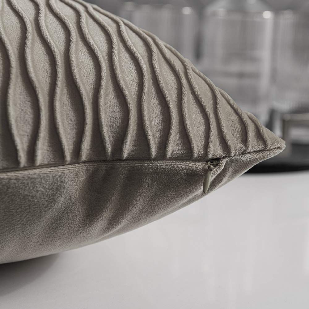DEZENE 20x20 Inch Tan Velvet Throw Pillow Covers Set of 2 - Soft Striped Square Decorative Pillow Cases for Farmhouse, Living Room, Couch & Bedroom Decor