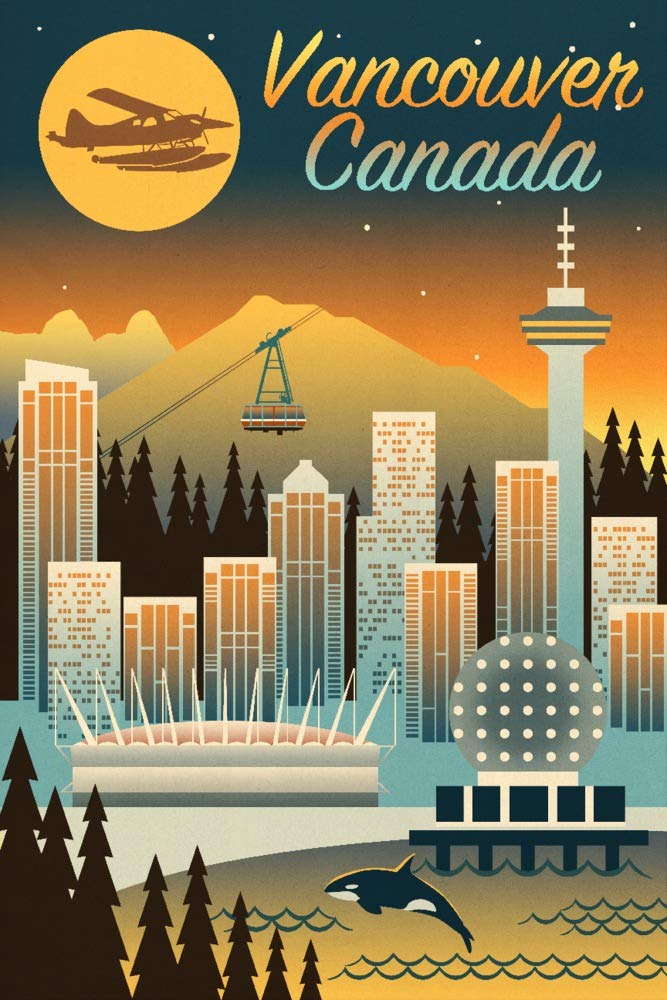 Vintage Vancouver Canada Skyline Chromatic Series 109629 - Signed 24x36 Art Print, Wall Decor Poster for Living Room, Office & Home Decoration