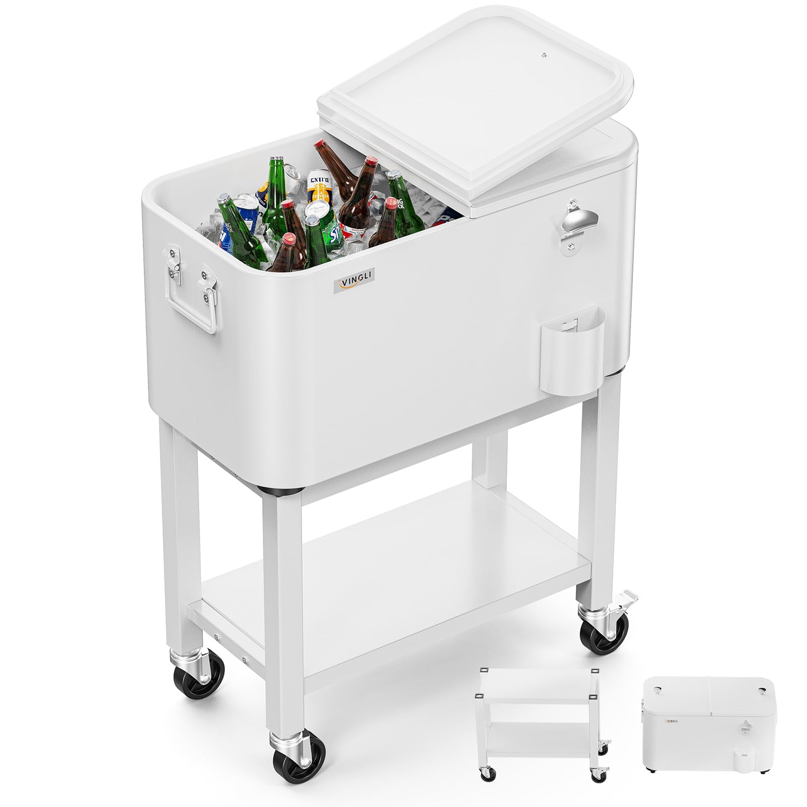 VINGLI Rolling Patio Cooler with Wheels - Portable Ice Chest for Outdoor Parties, Beach, Camping & BBQs - Includes Shelf, Beverage Pool & Bottle Opener - Perfect for Backyard Gatherings, Tailgating & Poolside Drinks