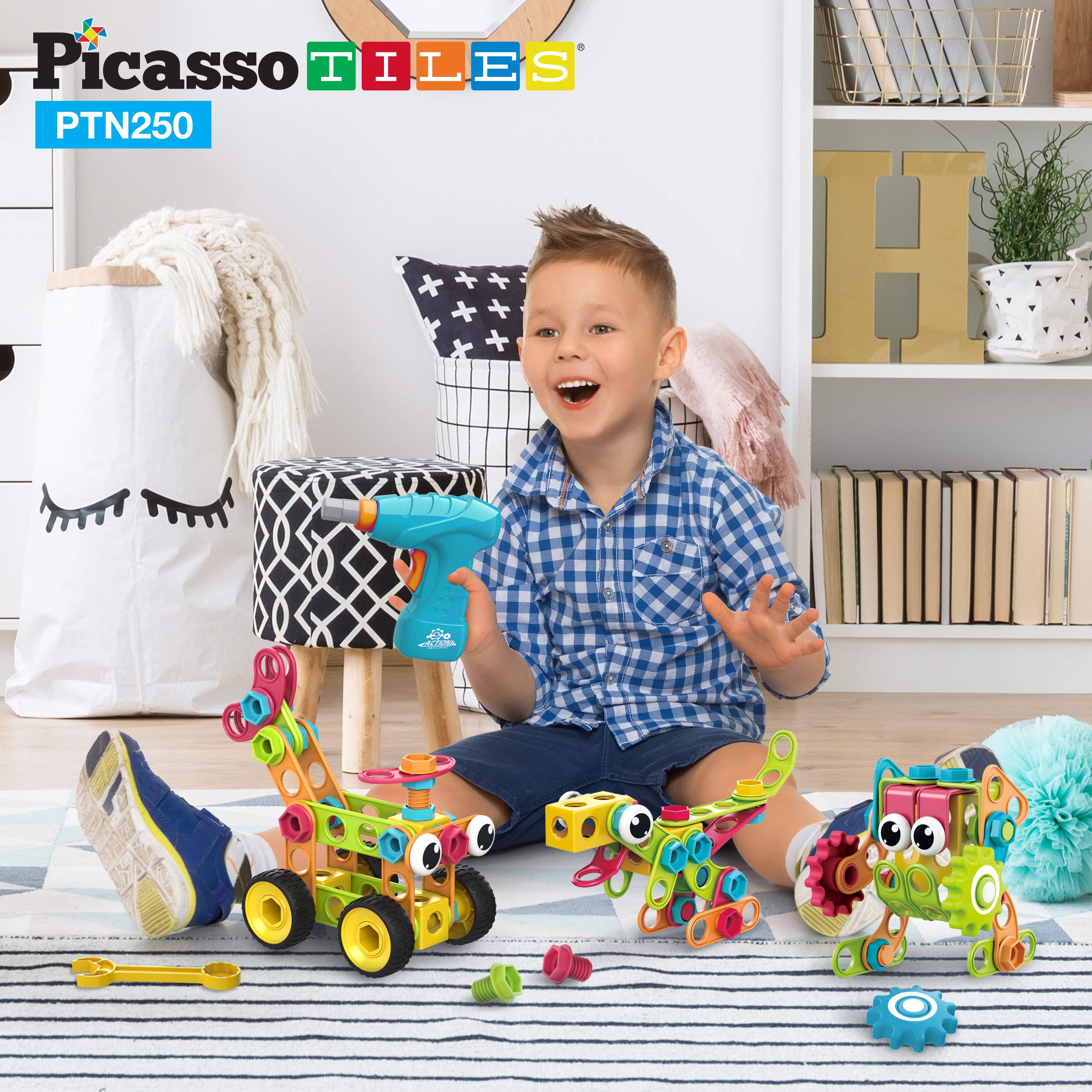 PicassoTiles 250 Piece STEM Building Blocks for Kids - Construction Engineering Learning Toys with Power Drill, Clickable Ratchet & Free Idea Book - Educational Playset for Ages 3+ (PTN250) | Perfect for Classroom STEM Activities, Birthday Gifts & Creative Playtime