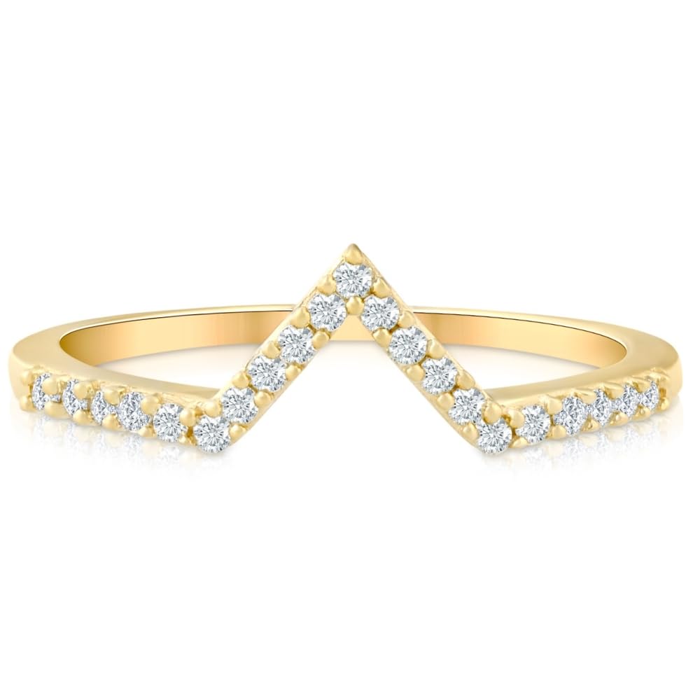 Diamond Curved V-Shape Wedding Ring for Women - Stackable 14K Yellow Gold Band - Perfect for Bridal Sets, Anniversary Gifts & Everyday Wear