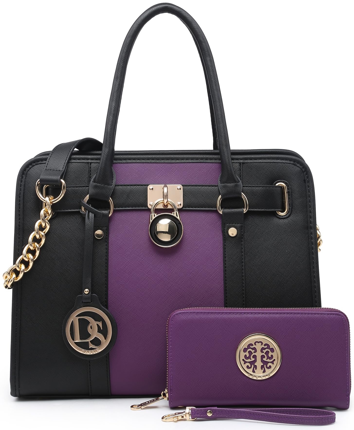 Dasein Vegan Leather Two Tone Satchel Handbag for Women - Large Shoulder Bag & Matching Wallet Set - Perfect for Work, Travel, and Everyday Use