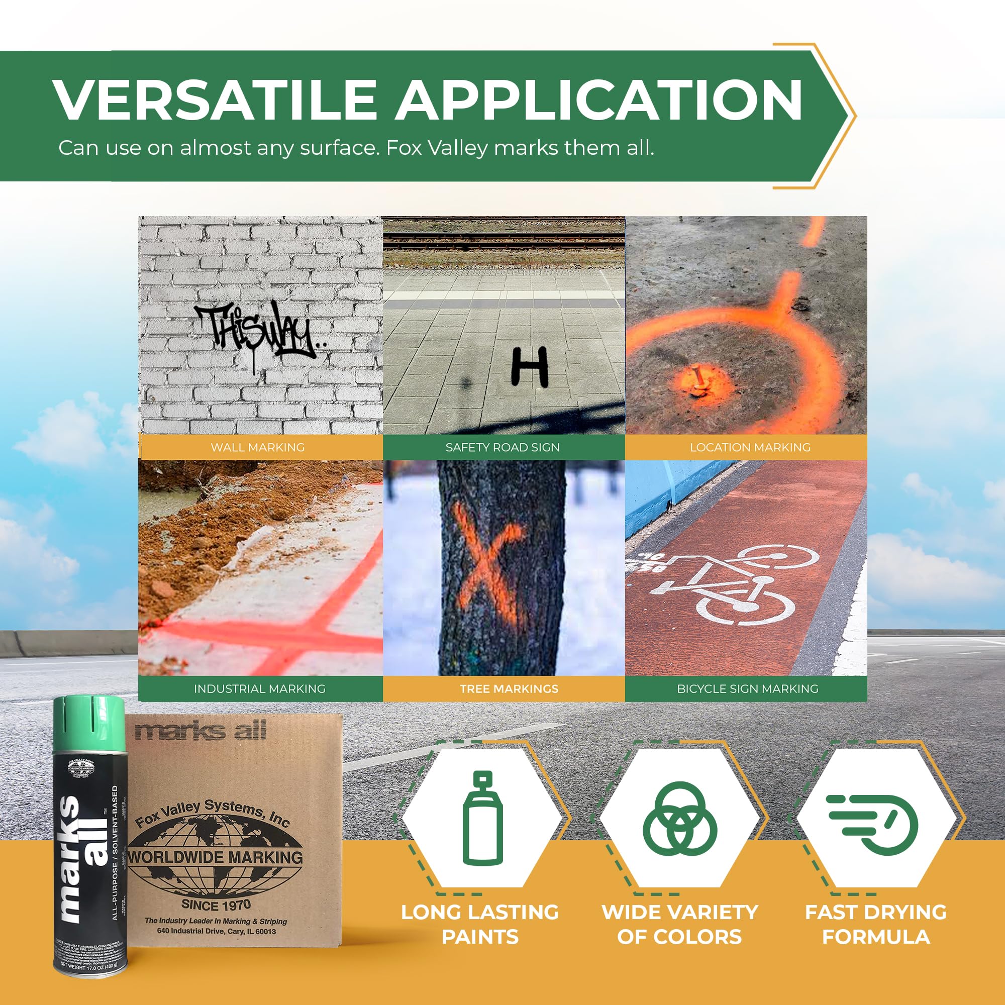 Fox Valley Marks All Utility Marking Paint Spray Can - 18 oz (Pack of 12) Green APWA | Easy Use Lawn, Tree, Driveway & Parking Lot Marking Paint | Perfect for Landscaping, Construction & Property Maintenance