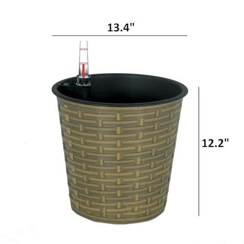 Catleza 13.4 Inch Self-Watering Wicker Planter - Round Natural Rattan Flower Pot for Indoor & Outdoor Plants | Perfect for Home Decor, Patio, Garden, and Office Spaces