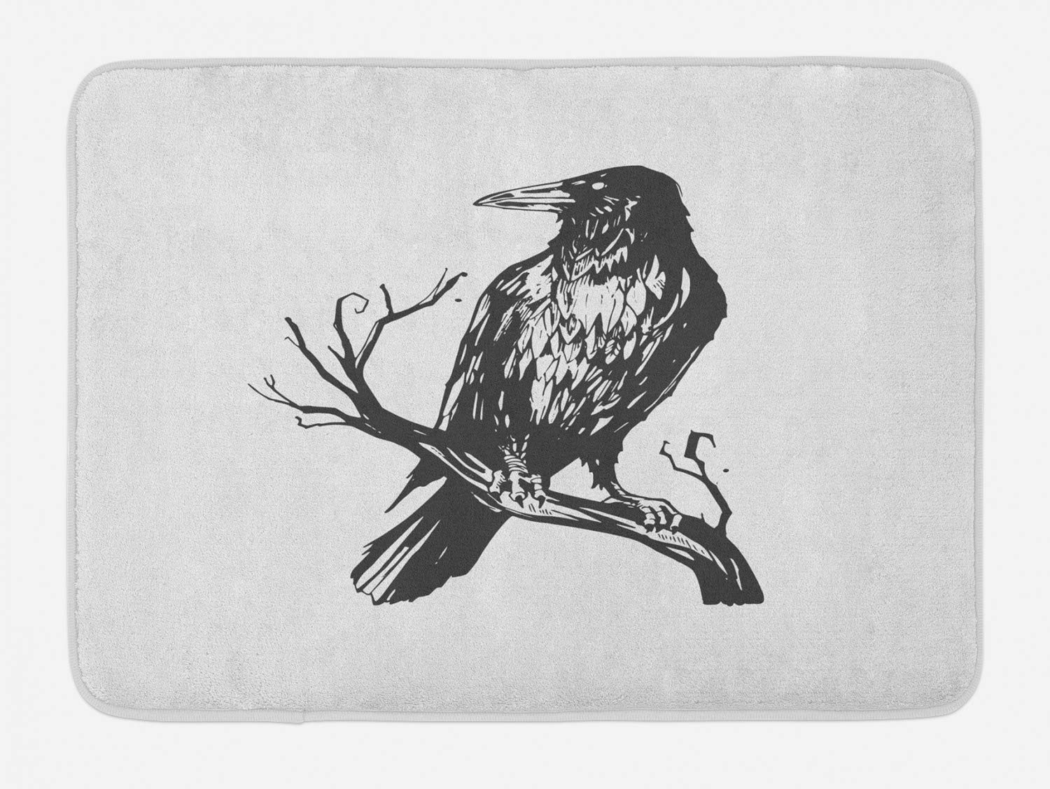 Ambesonne Black Crow Bath Mat - Gothic Plush Bathroom Rug with Non-Slip Backing, 30.2 x 20 Inches, Charcoal & Pale Grey - Haunted Bird on Branch Monochrome Design - Perfect for Gothic Decor, Halloween Bathroom, and Vintage Style Homes