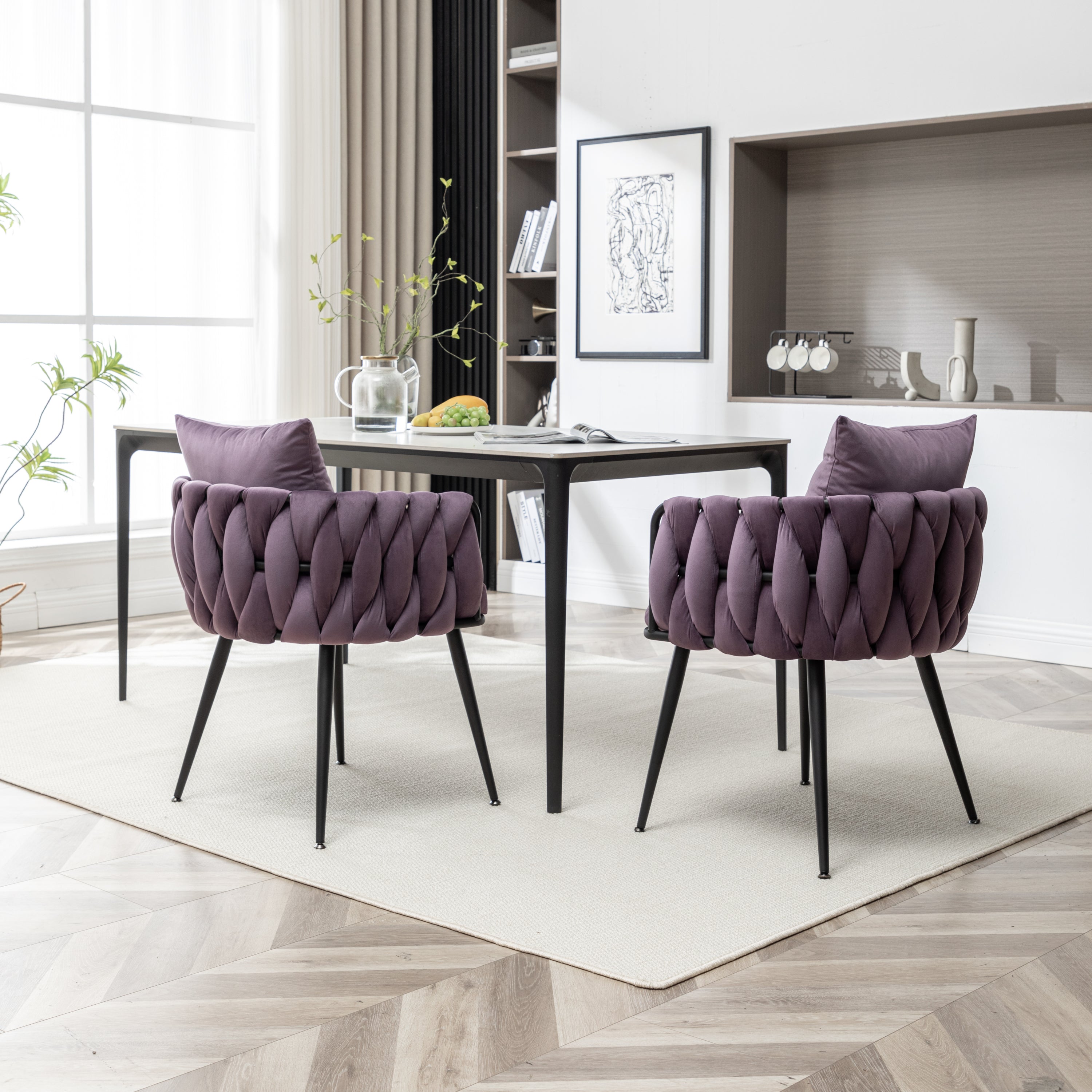 Dark Purple Velvet Dining Chairs Set of 2 - Modern Hand-Woven Upholstered Accent Chairs with Black Metal Legs for Living Room, Kitchen, Dining Room & Vanity - Perfect for Entertaining, Relaxing & Home Decor
