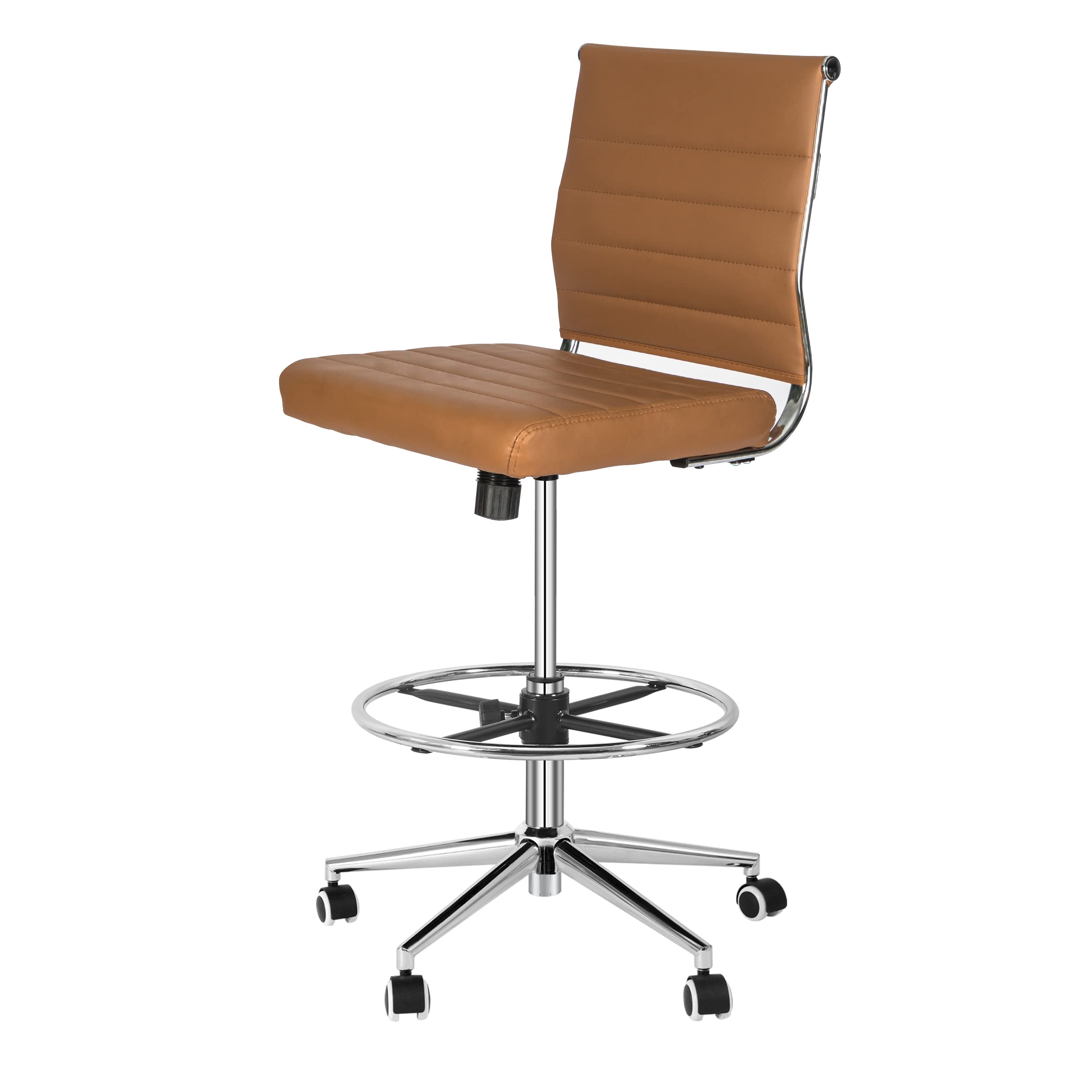 Armless Drafting Chair - Adjustable Height PU Leather Office Stool with Mid Back, Footrest & Swivel Base - Ergonomic Rolling Stool for Standing Desks, Home Office & Studio Workspaces