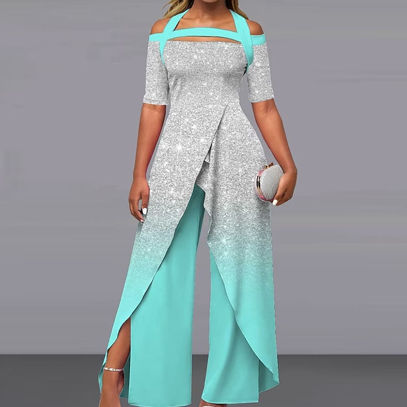 Elegant Pattern Print Short Sleeve Long Jumpsuit for Women - Chic Backless Lace Up Irregular Overall Romper | 2024 Fashion Trendy Female Split Jumpsuit for Casual Outings, Beach Vacations & Summer Parties