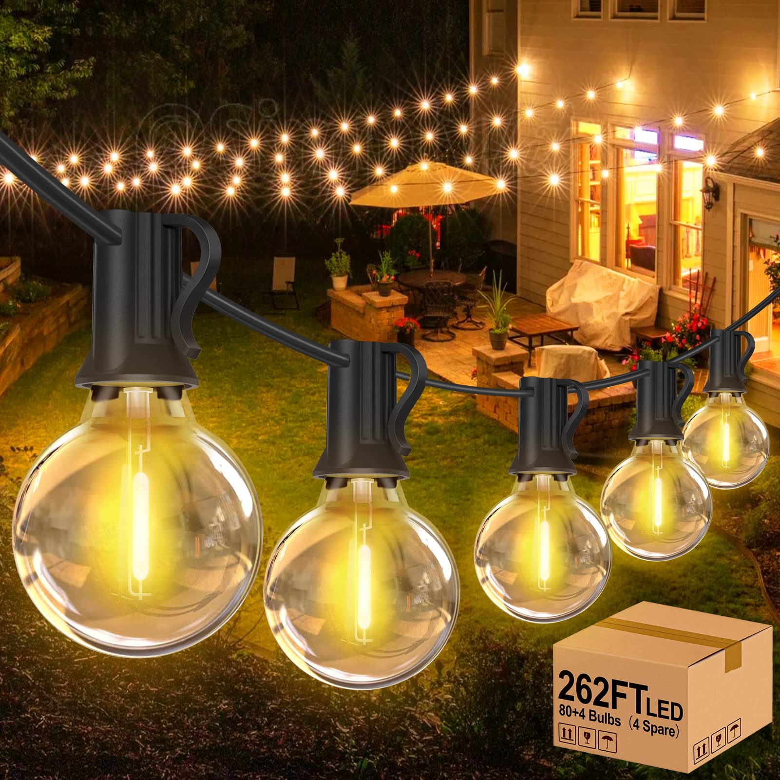 262FT Outdoor String Lights - G40 LED Patio Lights, Waterproof Connectable Hanging Lights with 84 Shatterproof Plastic Bulbs, UL Listed - Perfect for Backyard, Porch, Balcony, Christmas Party & Wedding Decorations