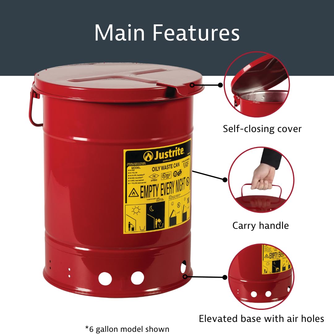 Justrite 21 Gallon Galvanized Steel Oily Waste Can with Self-Closing Lid - 23.5