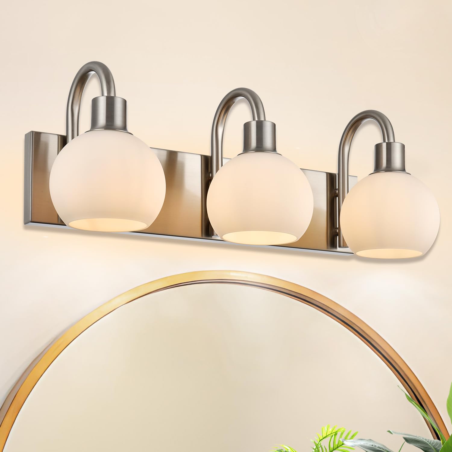20.4 Inch Modern Bathroom Vanity Light Fixture - 3-Light Brushed Nickel with Milk White Globe Glass - Perfect for Bathroom, Over Mirror, Sink, Hallway & Bedroom Lighting