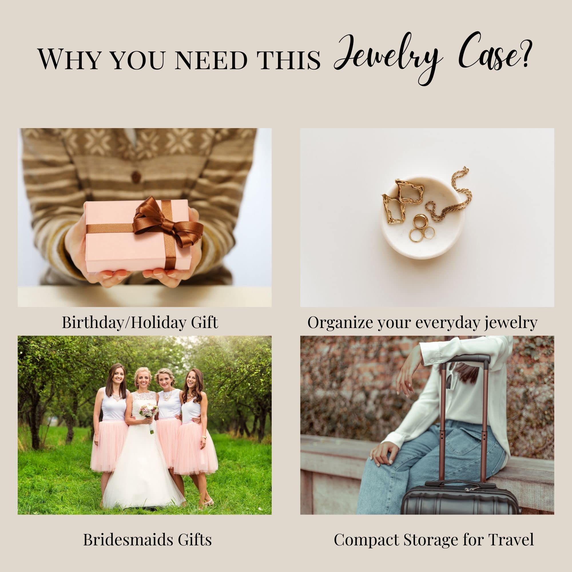 YSM Designs Travel Jewelry Organizer Box - Portable Jewelry Case for Women with Mirror | Compact Earring & Necklace Storage | Beige Jewelry Box for Travel, Vacation & Daily Use