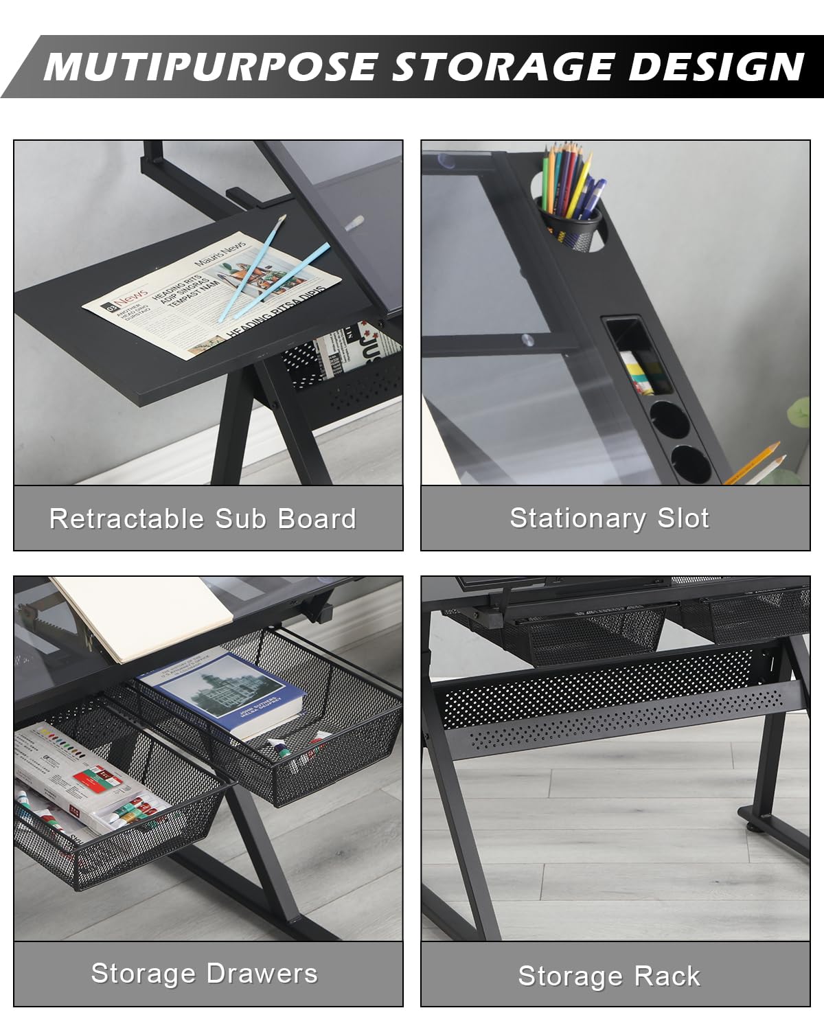 LifeSky Adjustable Drafting Table for Artists & Designers - Professional Drawing Desk with Storage Drawers & Glass Surface - Perfect for Painting, Sketching & Illustration Work - Ideal Home & Studio Art Furniture for Painters, Illustrators & Cartoonists