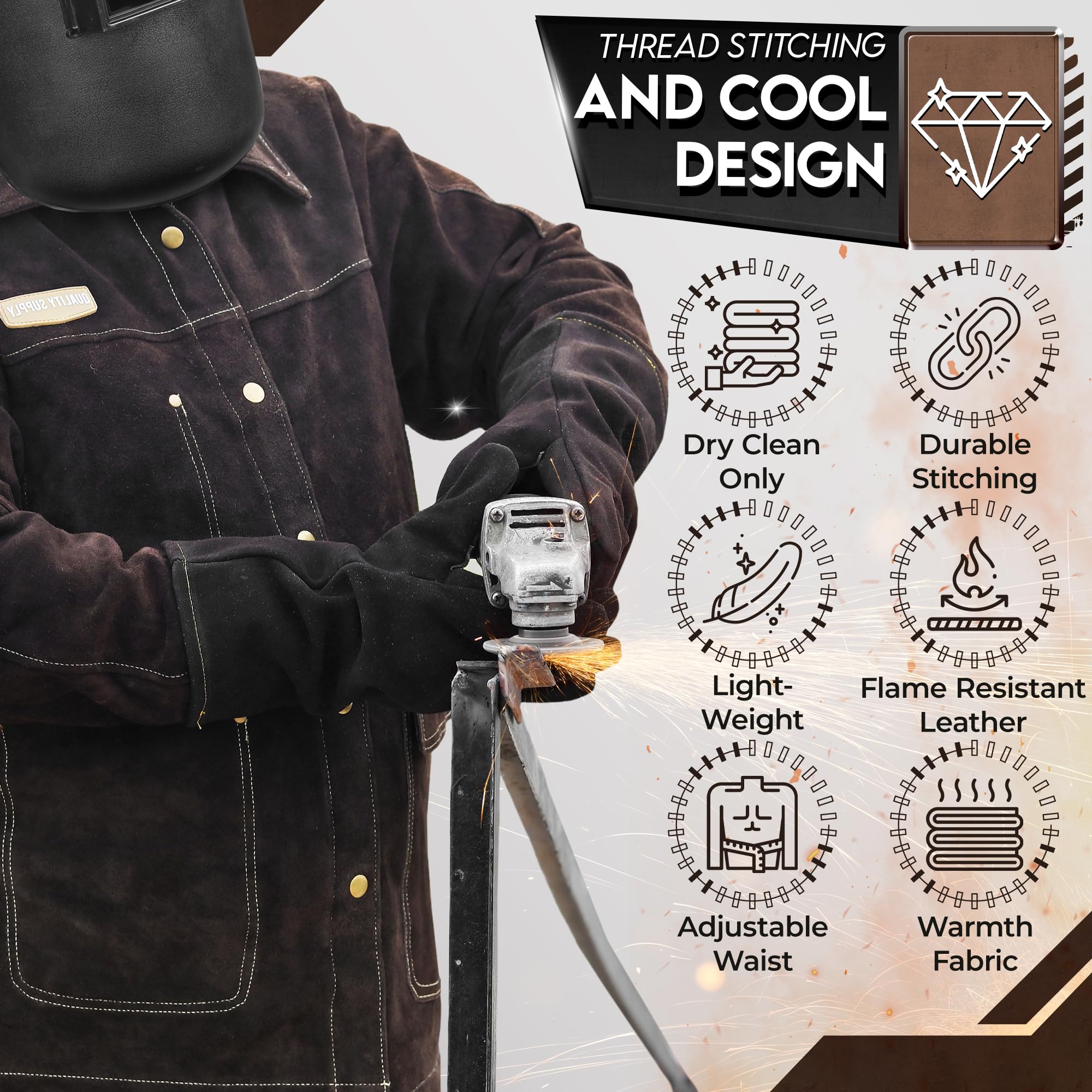 Men's & Women's Heat & Flame Resistant Leather Welding Jacket - Heavy Duty FR Safety Jacket for Welders - Perfect for Metalworking, Construction & DIY Projects