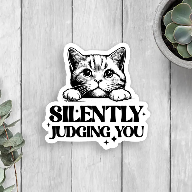 Funny Cat Silently Judging You Vinyl Sticker - Waterproof Decal for Laptops, Cars & DIY Projects - Perfect for Pet Lovers & Humor Gifts