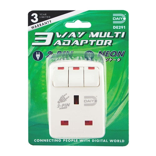 3-Way Multi Plug Adapter with On/Off Switch & Neon Indicator - Ideal for Home, Office, and Travel Use (DE 291)