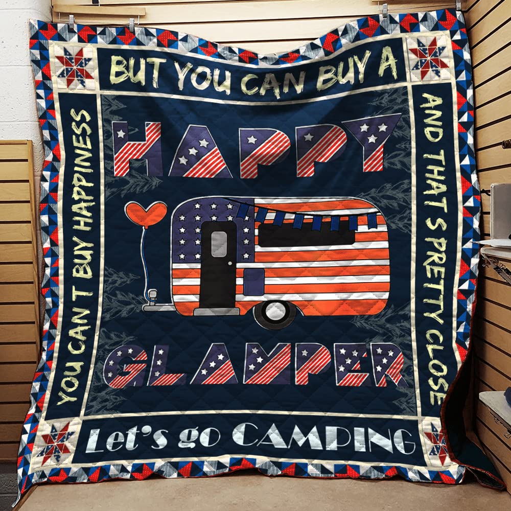 4th of July Patriotic Quilt Blanket - 59x78in Camping Blanket for Independence Day Celebrations, Picnics & Outdoor Adventures - Happy Glamper Cozy Throw for Campers, Beach & Backyard Parties