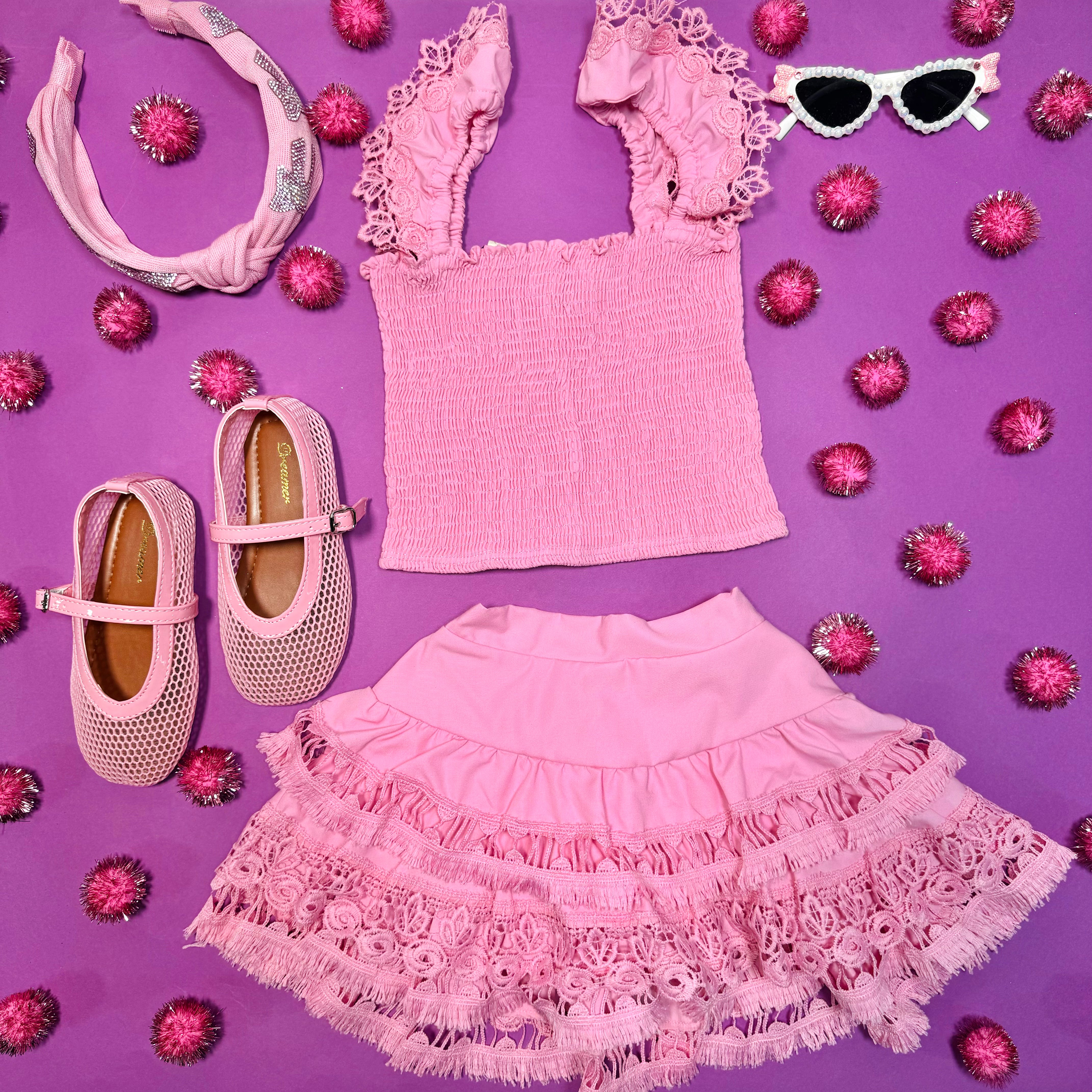 Adina Pink Lemonade Smocked Top & Ruffle Skirt Set - Floral Summer Outfit for Women | Perfect for Beach Vacations, Brunch Dates & Outdoor Parties